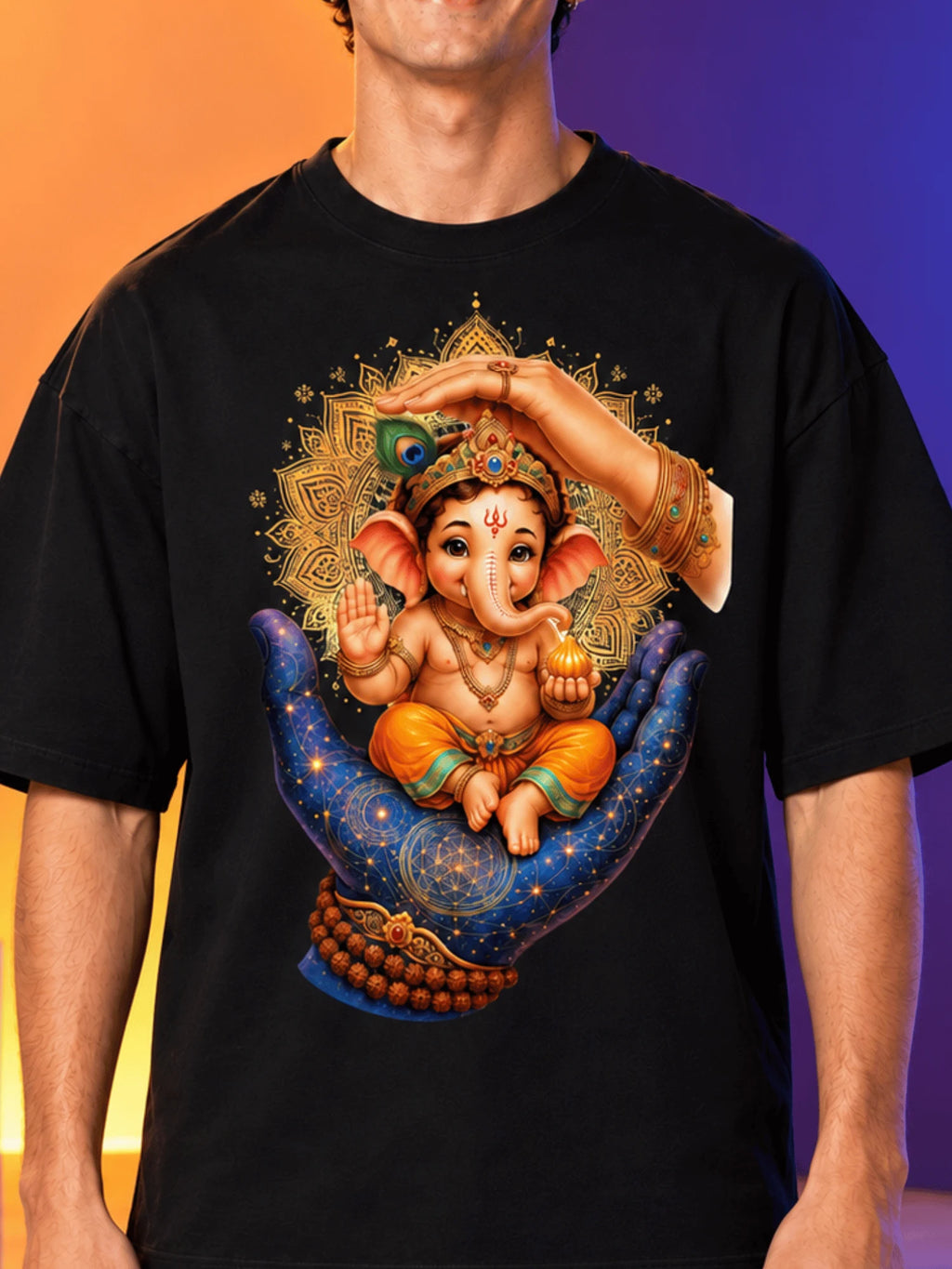 Excello Men's Divine Ganesha Blessing Graphic Oversized T-Shirt - 240 GSM Pure Cotton, Bio-Washed-Black