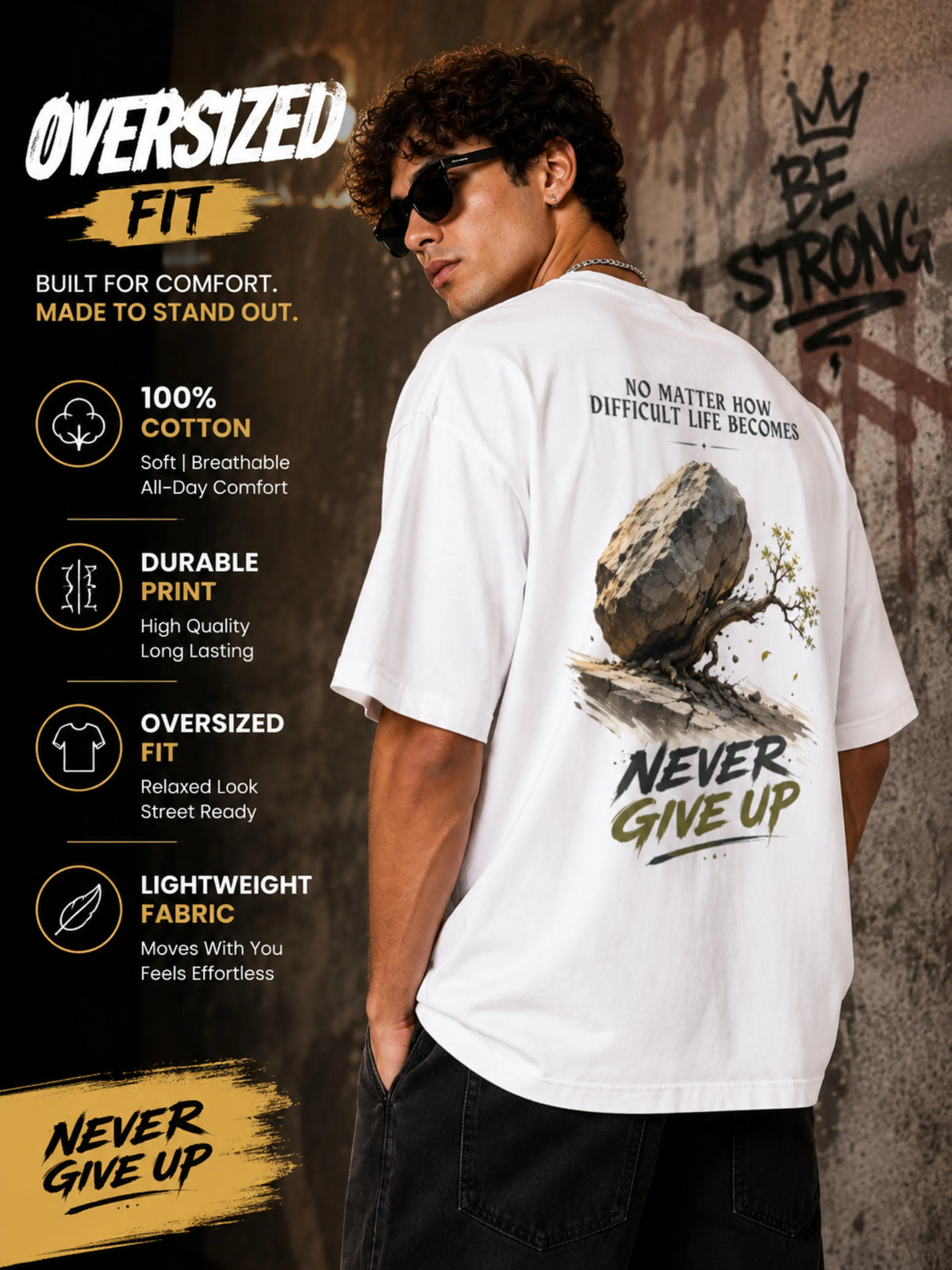 Excello Men's 'Never Give Up' Resilience Graphic Oversized T-Shirt | White