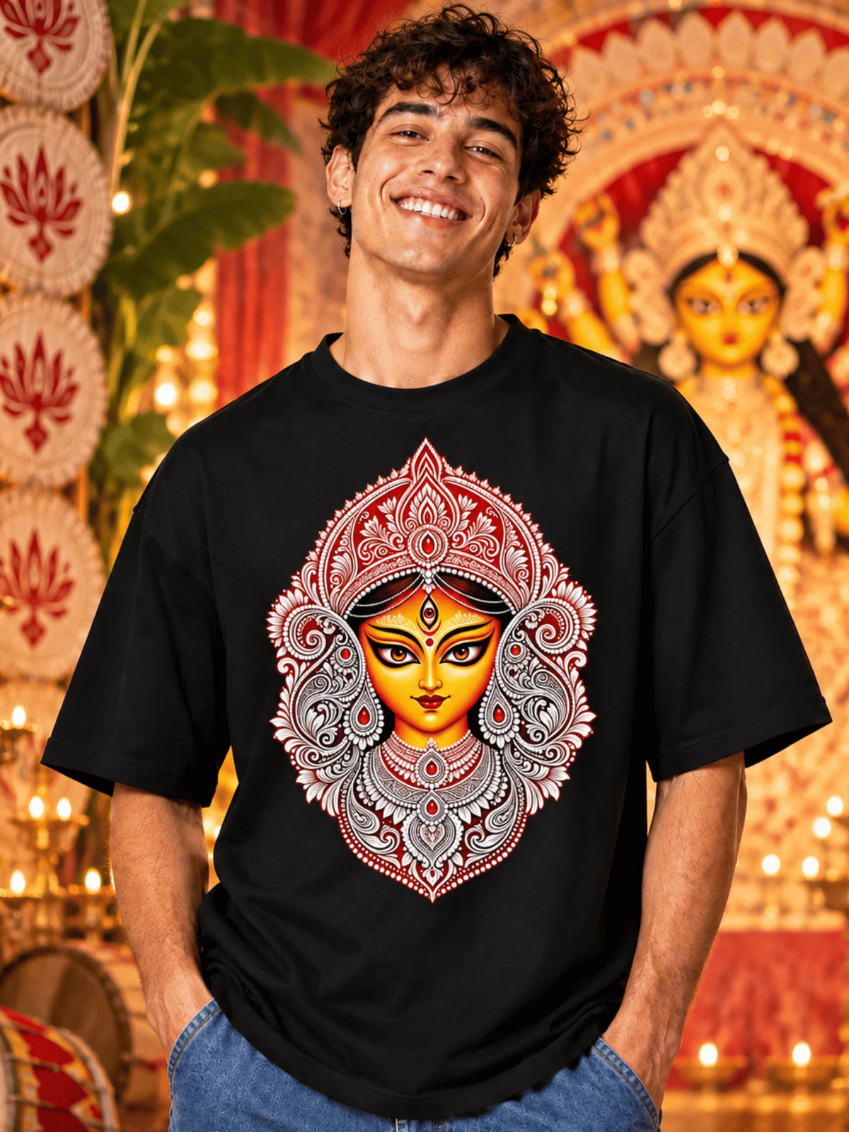Excello Men's Divine Maa Durga Ornate Portrait Graphic Oversized T-Shirt | Black
