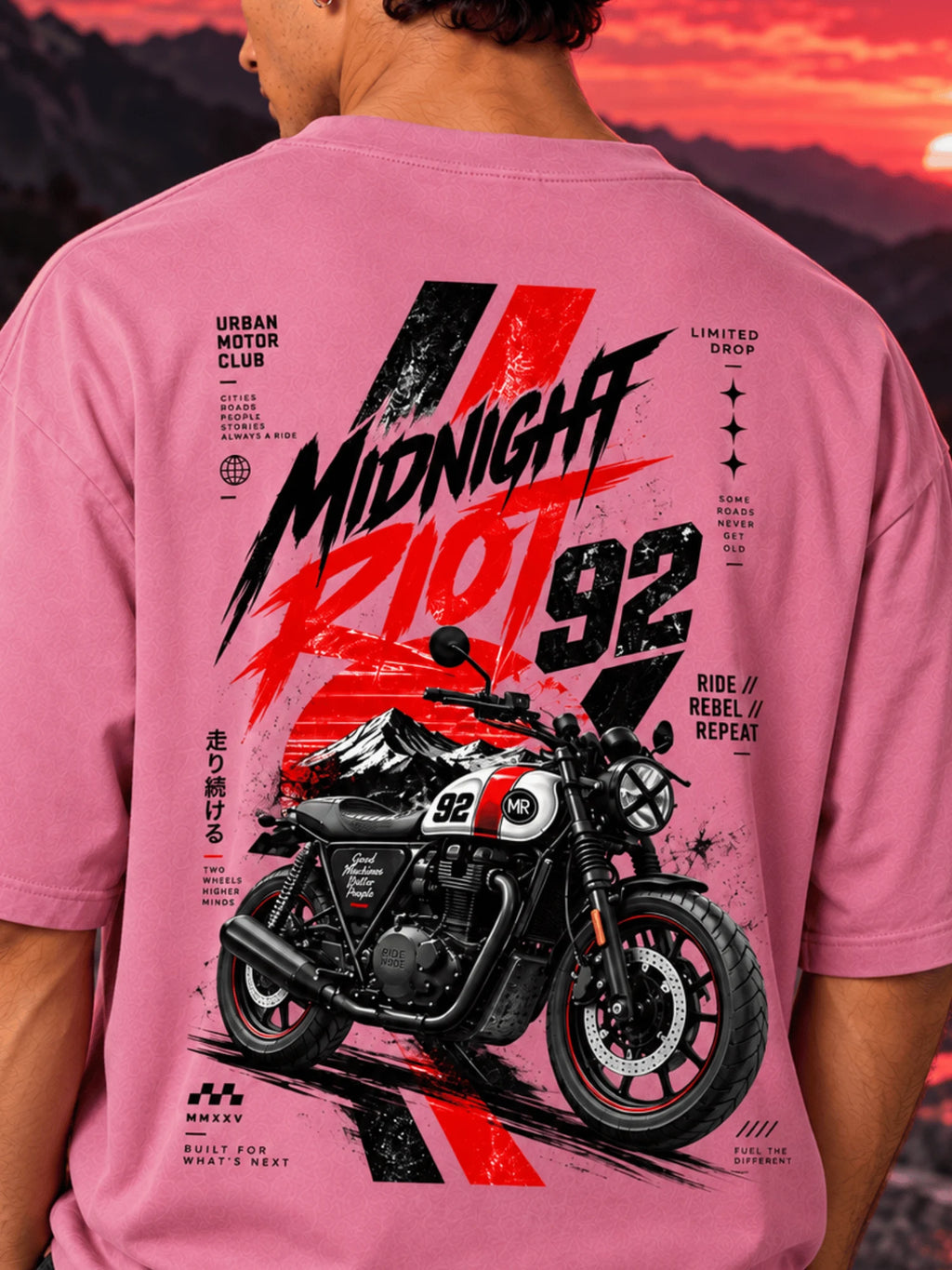 Excello Men's 'Midnight Riot 92' Motorcycle Graphic Oversized T-Shirt | Rose Pink