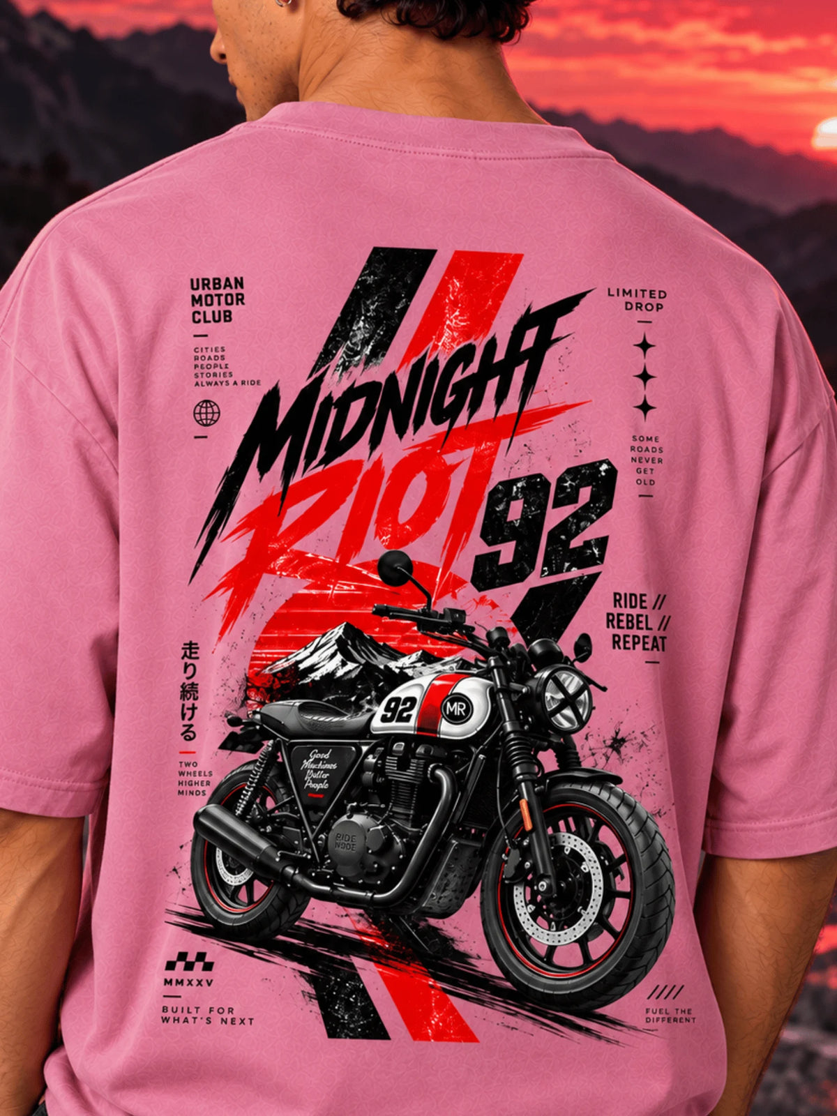 Excello Men's 'Midnight Riot 92' Motorcycle Graphic Oversized T-Shirt | Rose Pink