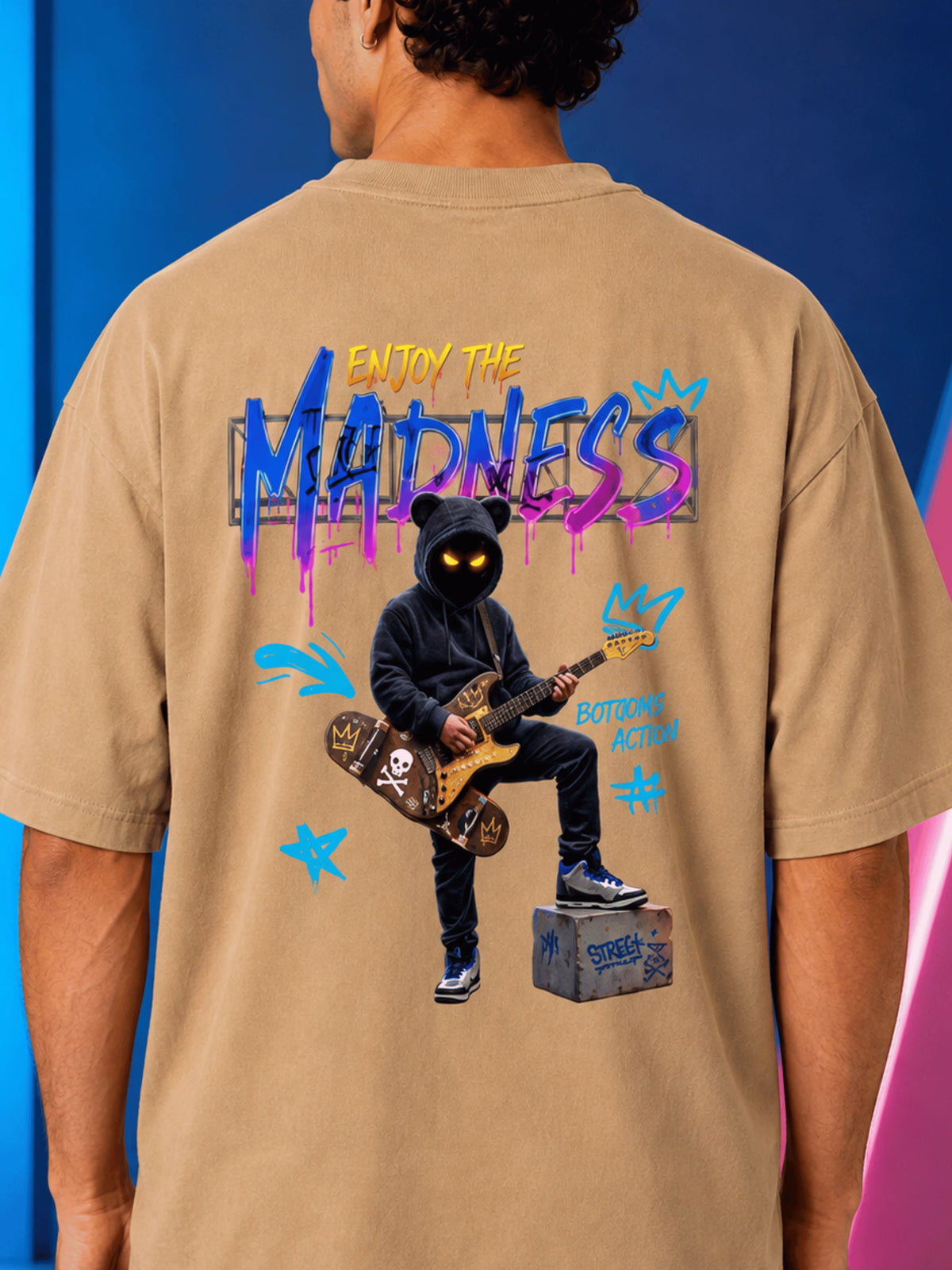 Excello Men's 'Enjoy The Madness' Graffiti Graphic Oversized T-Shirt | Beige