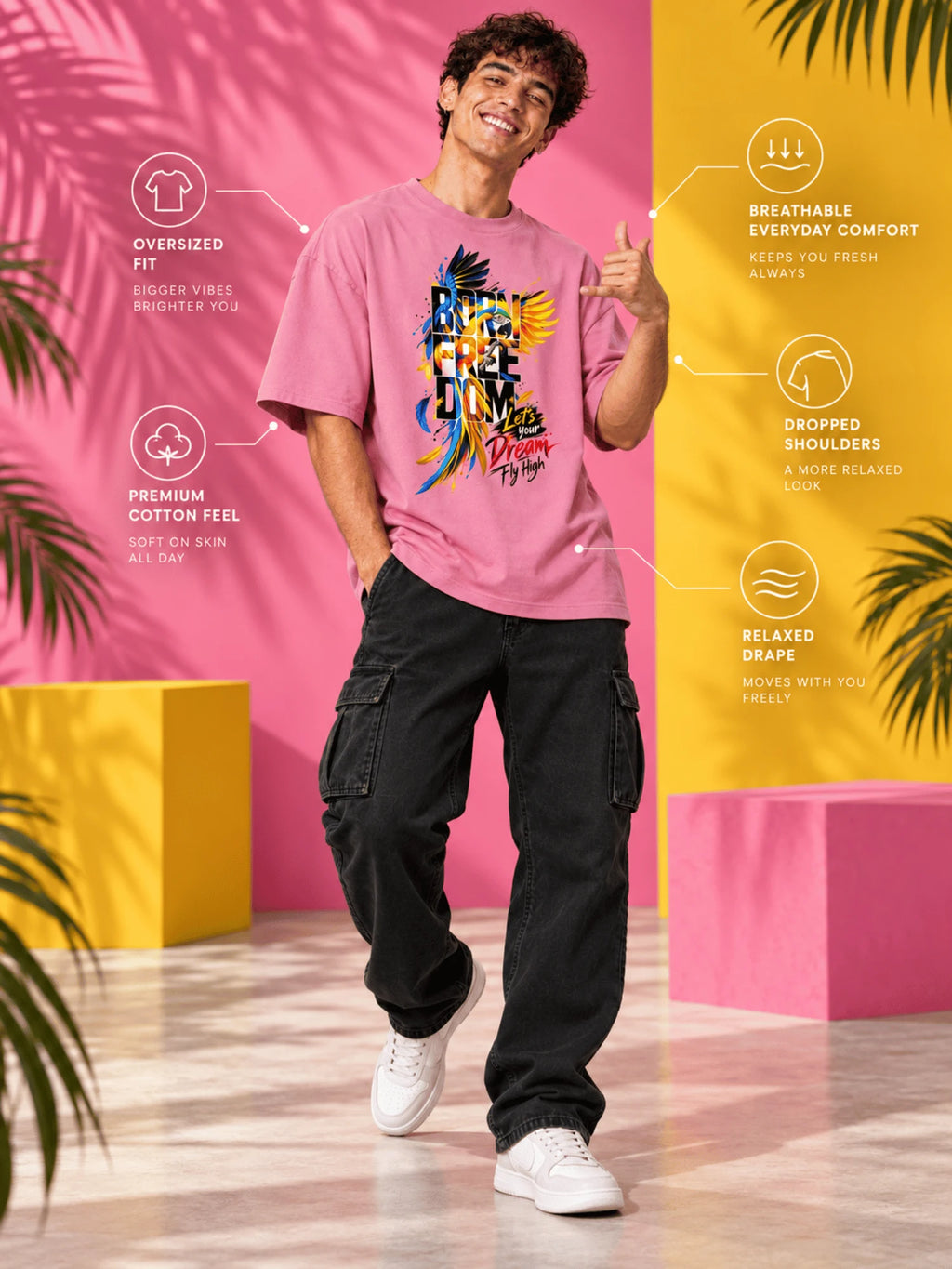 Excello Men's 'Born Freedom' Bird Graphic Oversized T-Shirt | Rose Pink