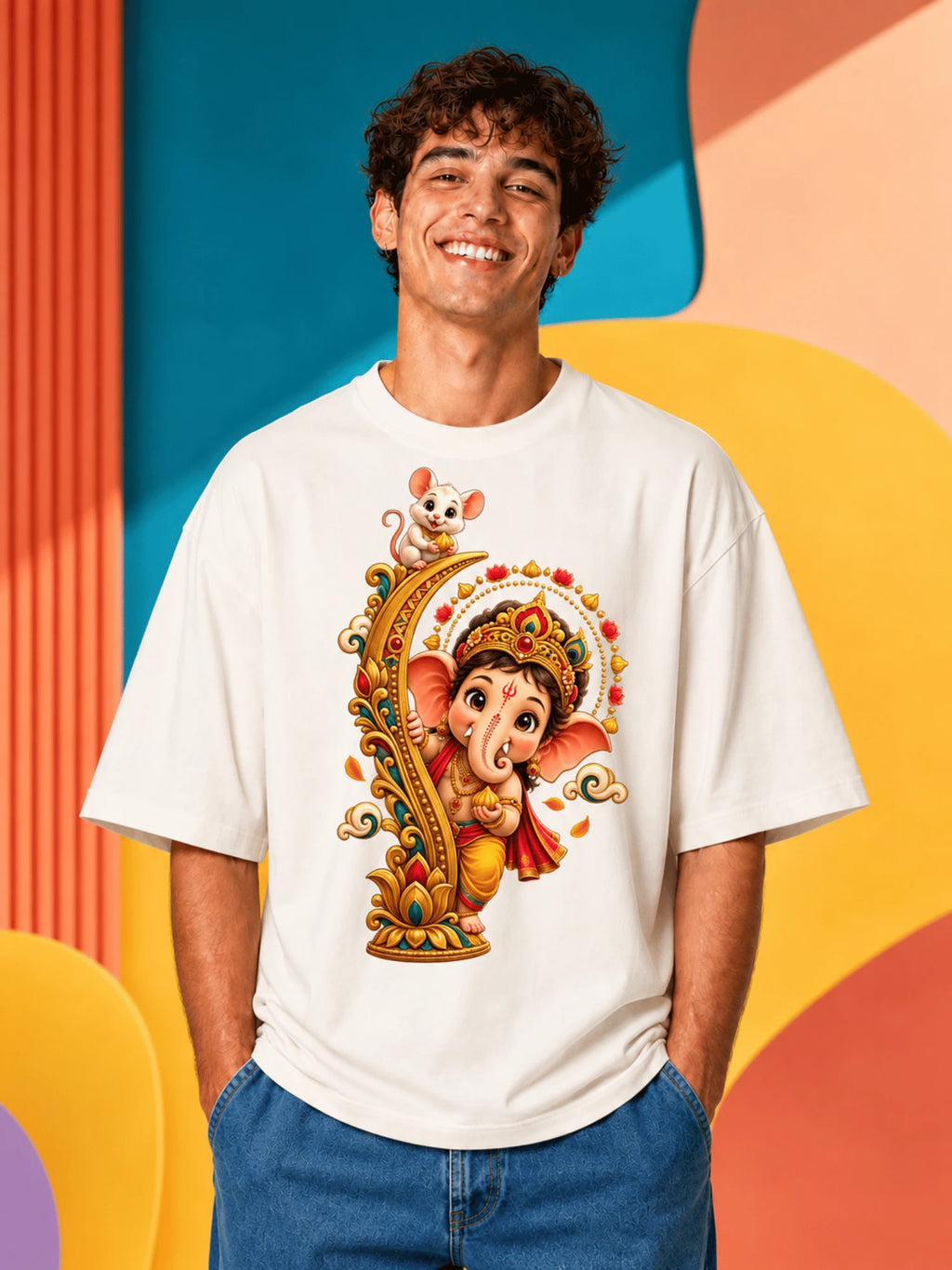 Excello Men's Playful Bal Ganesha & Mushak Graphic Oversized T-Shirt - 240 GSM Pure Cotton, Bio-Washed-White