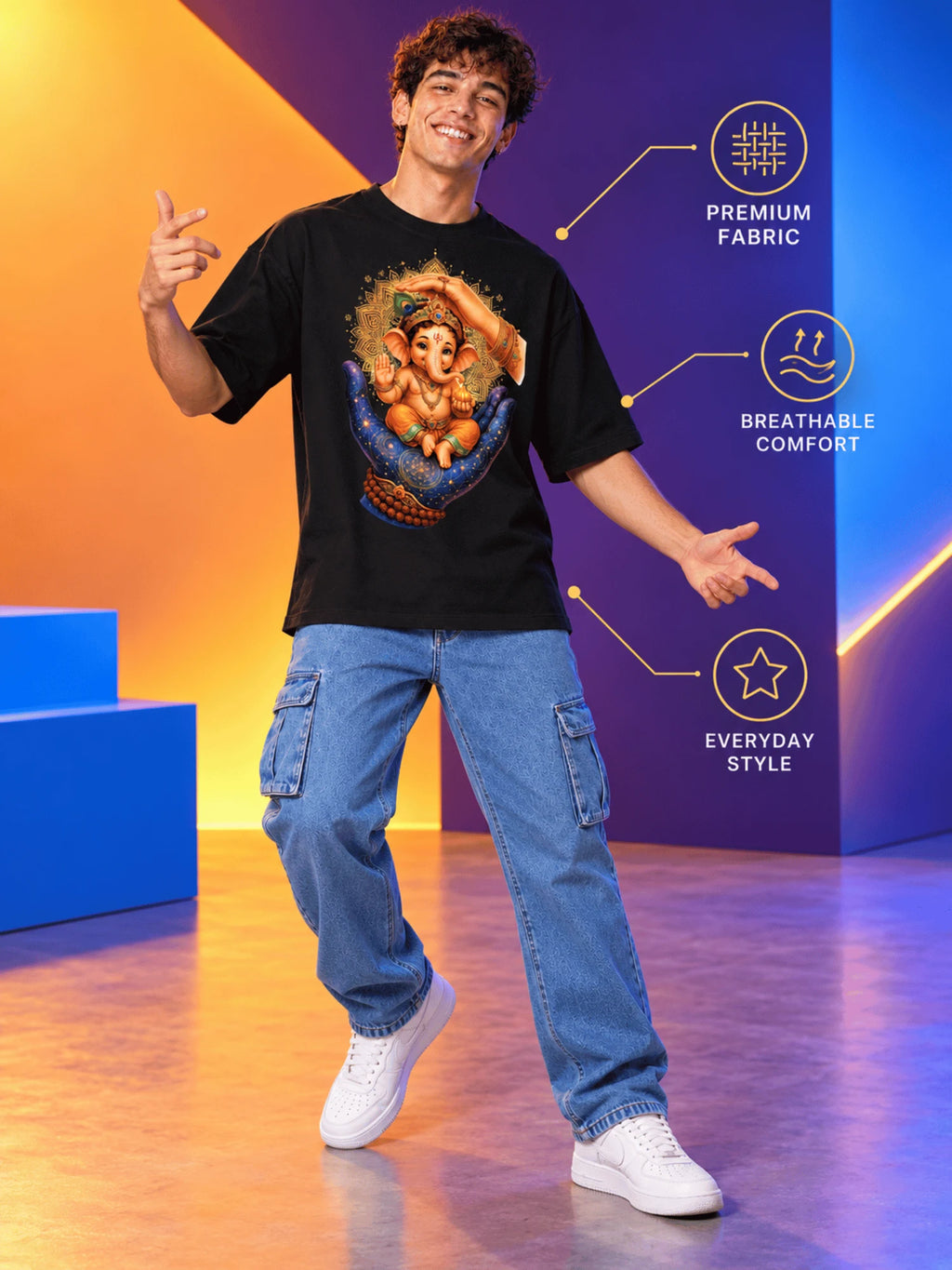 Excello Men's Divine Ganesha Blessing Graphic Oversized T-Shirt - 240 GSM Pure Cotton, Bio-Washed-Black