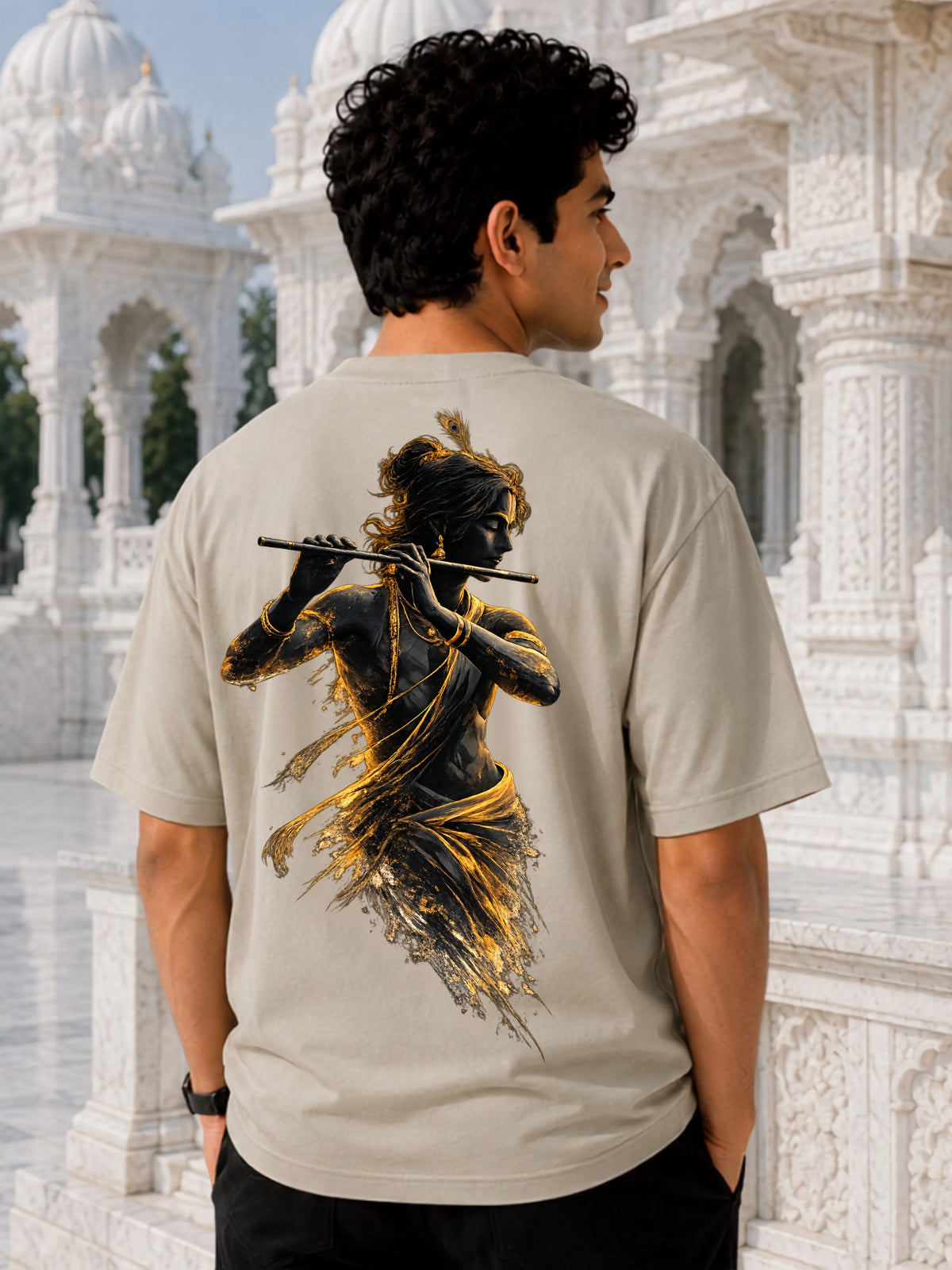 Excello Men's Divine Krishna Silhouette Graphic Oversized T-Shirt - 240 GSM Pure Cotton, Bio-Washed - Cement Grey