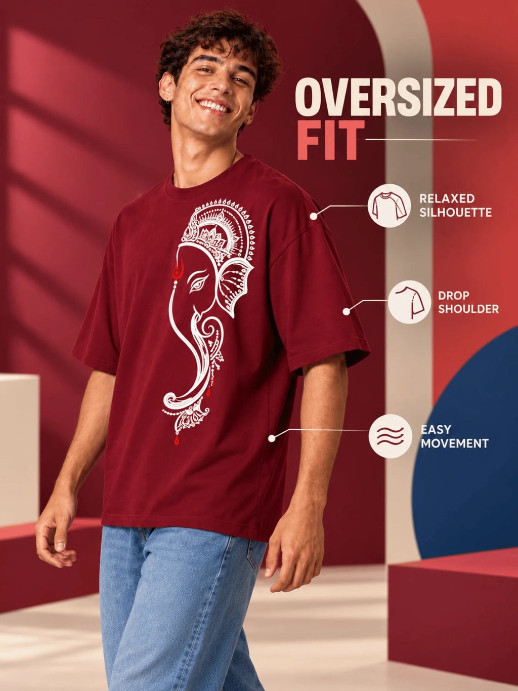 Excello Men's Minimalist Ganesha Line Art Graphic Oversized T-Shirt - 240 GSM Pure Cotton, Bio-Washed-Maroon