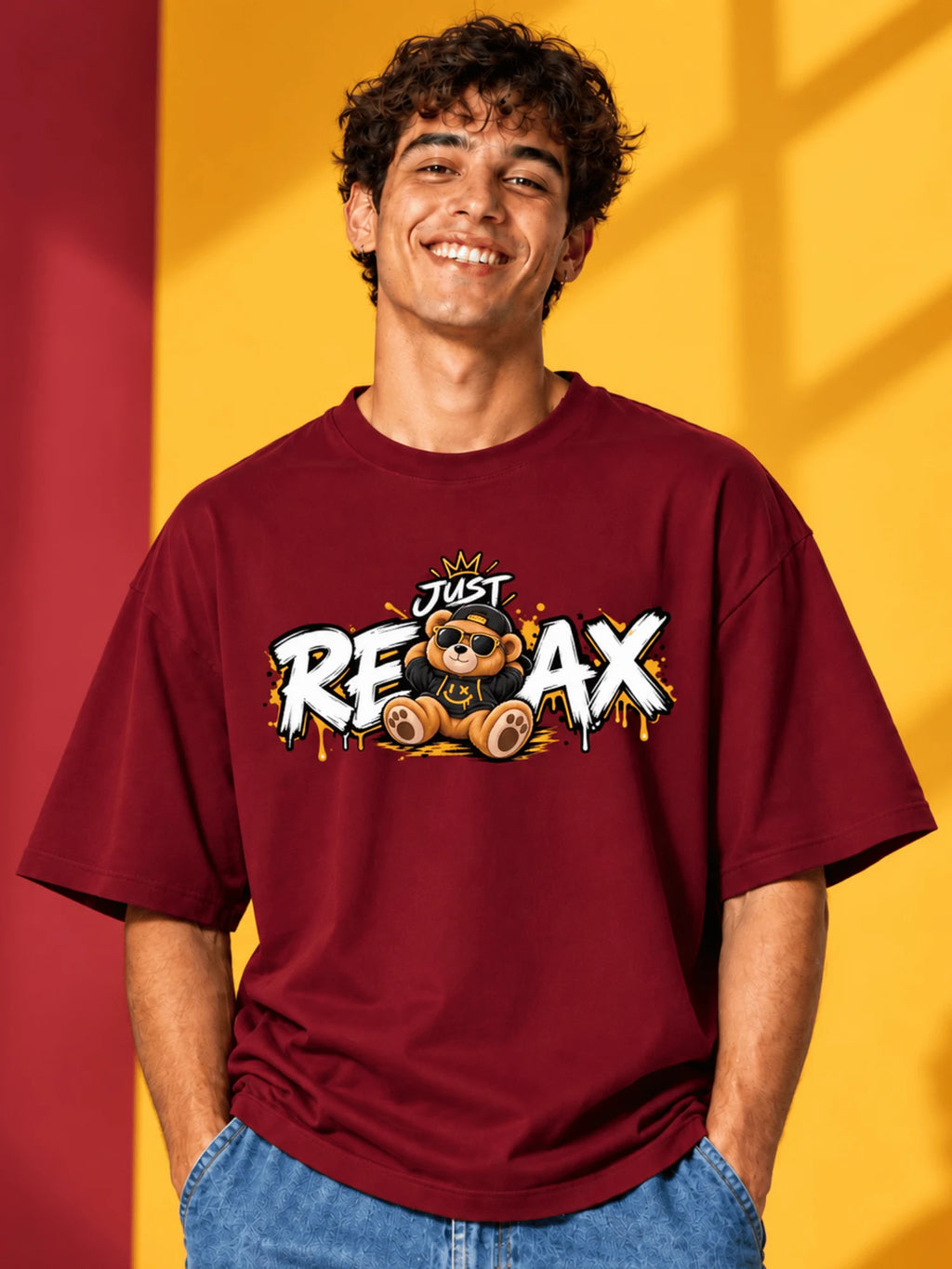 Excello Men's 'Just Relax' Teddy Bear Graphic Oversized T-Shirt | Maroon