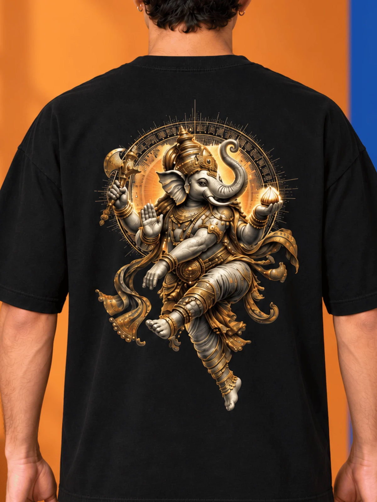 Excello Men's Dynamic Dancing Ganesha Graphic Oversized T-Shirt - 240 GSM Pure Cotton, Bio-Washed | Black