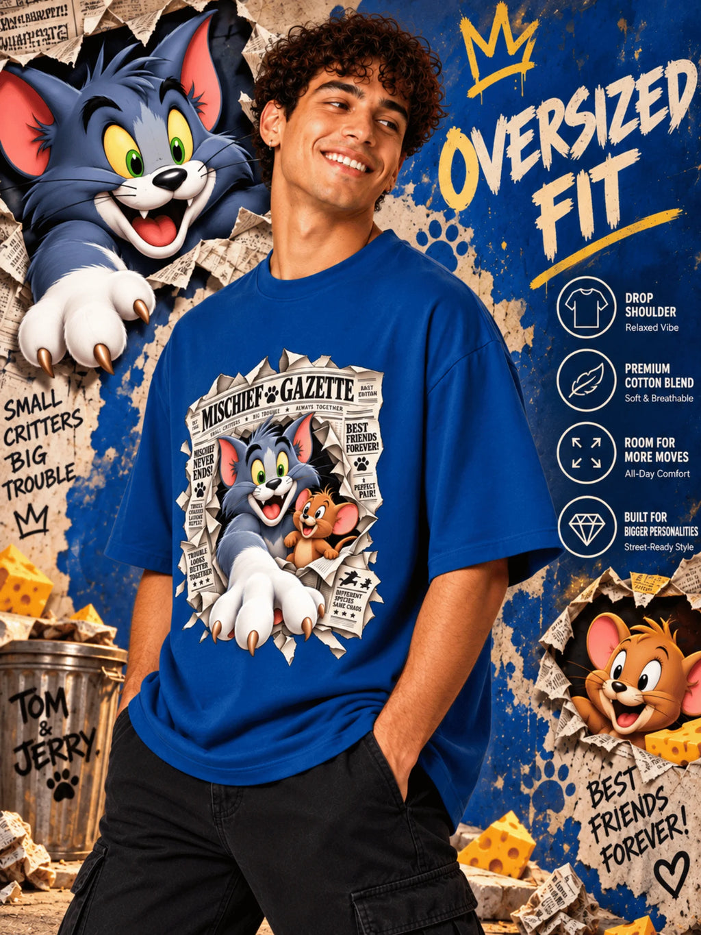 Excello Men's Mischief Gazette Graphic Oversized T-Shirt - Premium Cotton | AirForce Blue