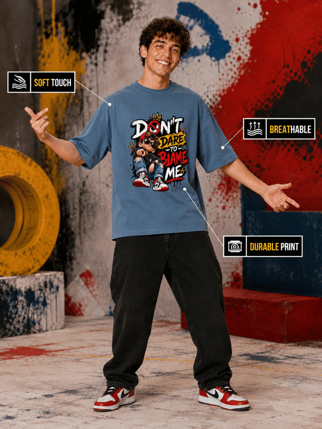 Excello Men's 'Don't Dare to Blame Me' Graphic Oversized T-Shirt | Steel Blue