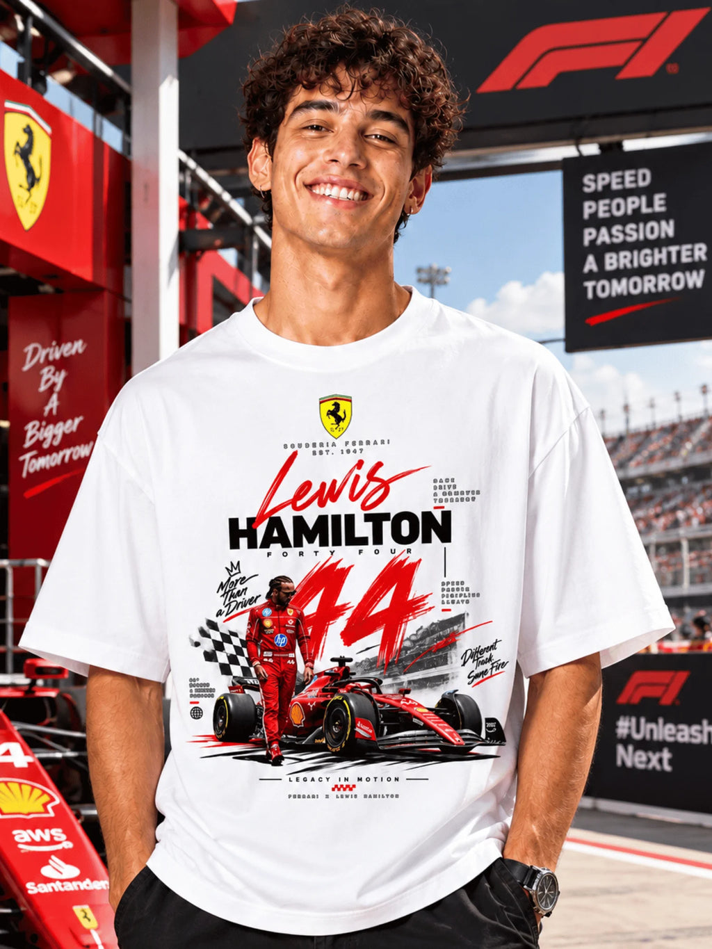 Excello Men's Lewis Hamilton 44 Scuderia Ferrari Graphic Oversized T-Shirt | White