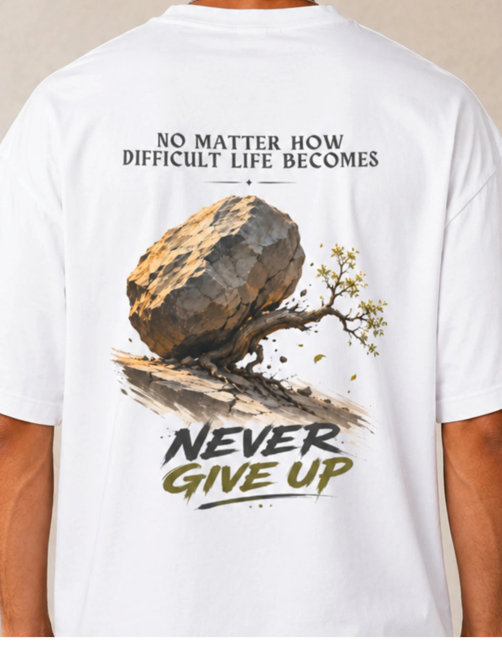 Excello Men's 'Never Give Up' Resilience Graphic Oversized T-Shirt | White