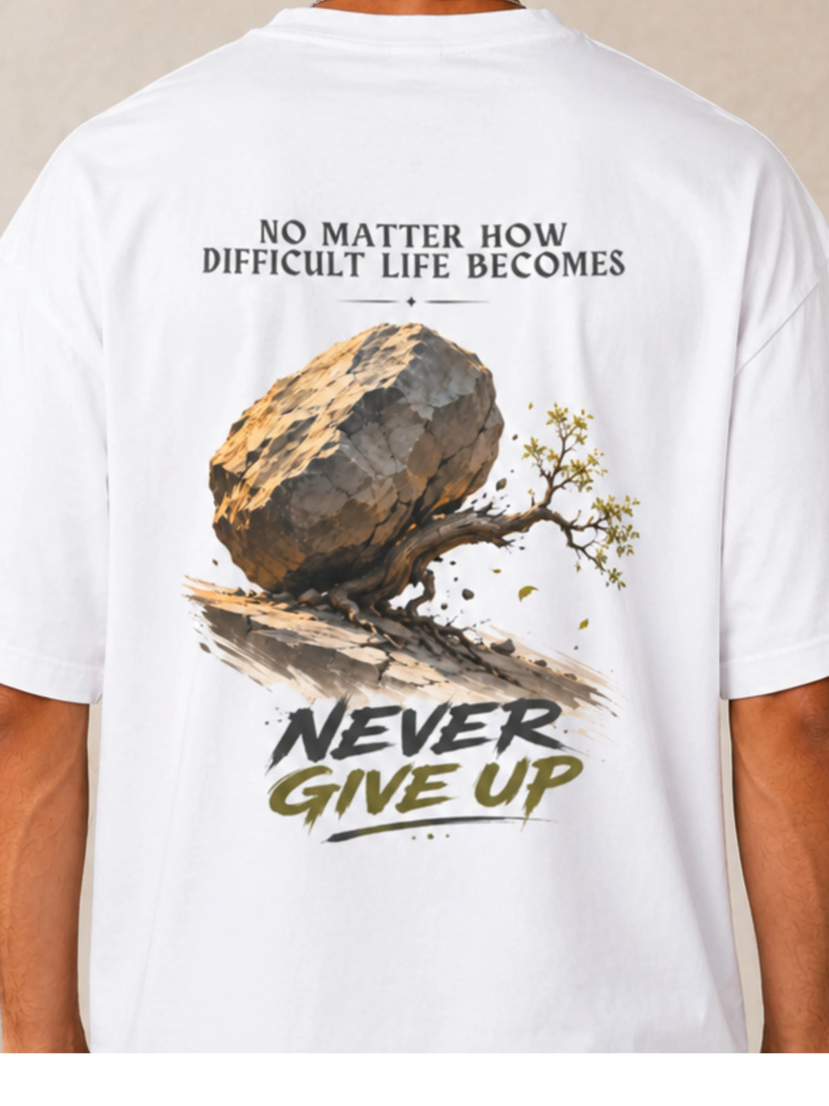 Excello Men's 'Never Give Up' Resilience Graphic Oversized T-Shirt | White