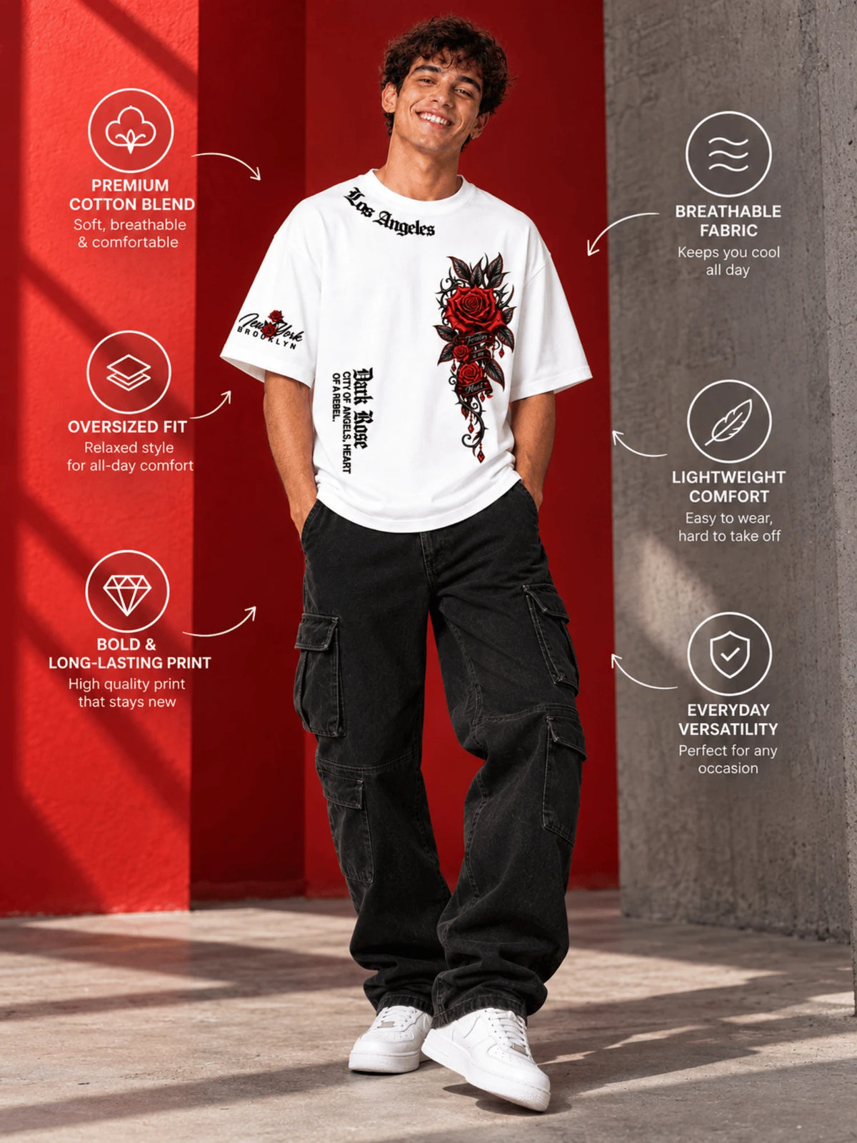 Excello Men's 'Dark Rose' Rebel Graphic Oversized T-Shirt | White