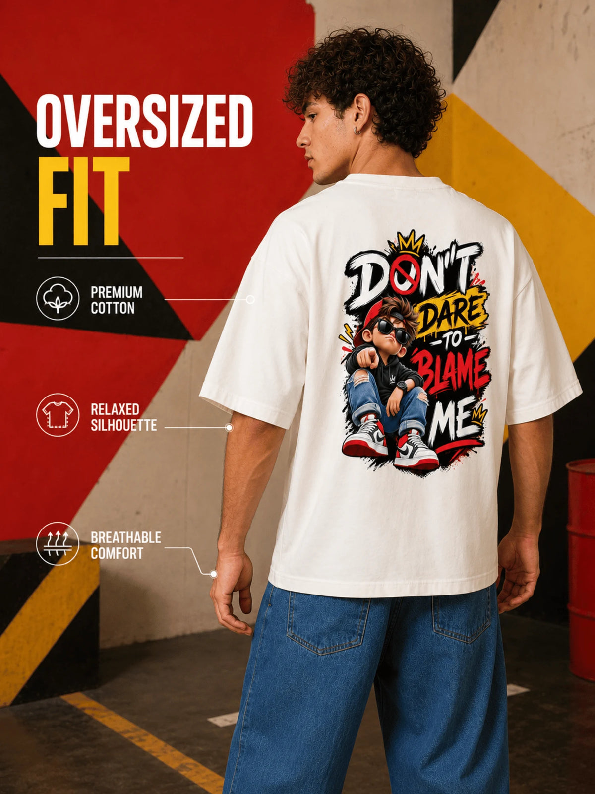 Excello Men's 'Don't Dare To Blame Me' Graphic Oversized T-Shirt | Off White