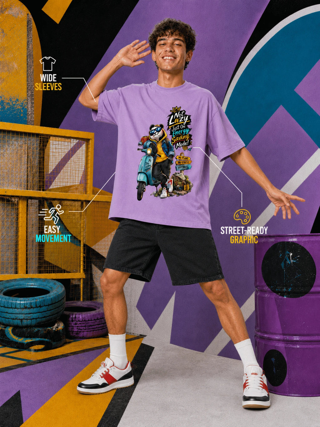 Excello Men's 'Not Lazy' Panda Graphic Oversized T-Shirt | Lavender