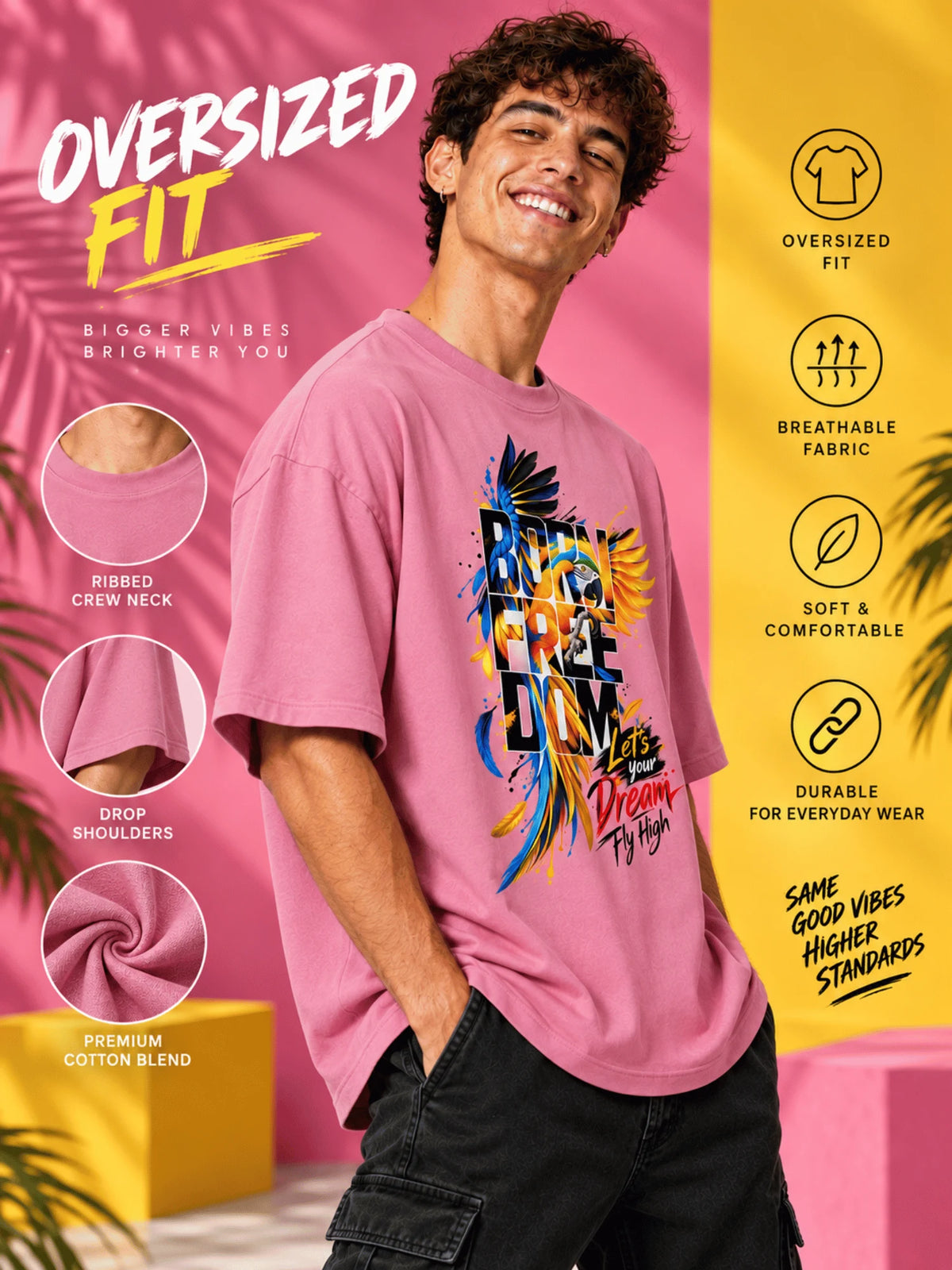 Excello Men's 'Born Freedom' Bird Graphic Oversized T-Shirt | Rose Pink