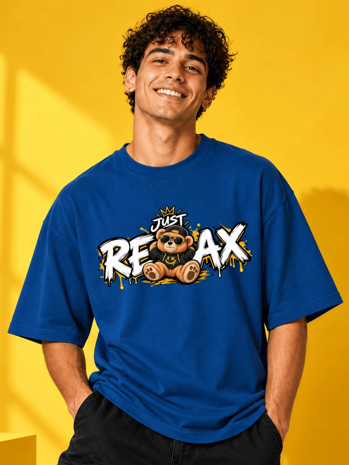 Excello Men's 'Just Relax' Teddy Bear Graphic Oversized T-Shirt | Air Force Blue