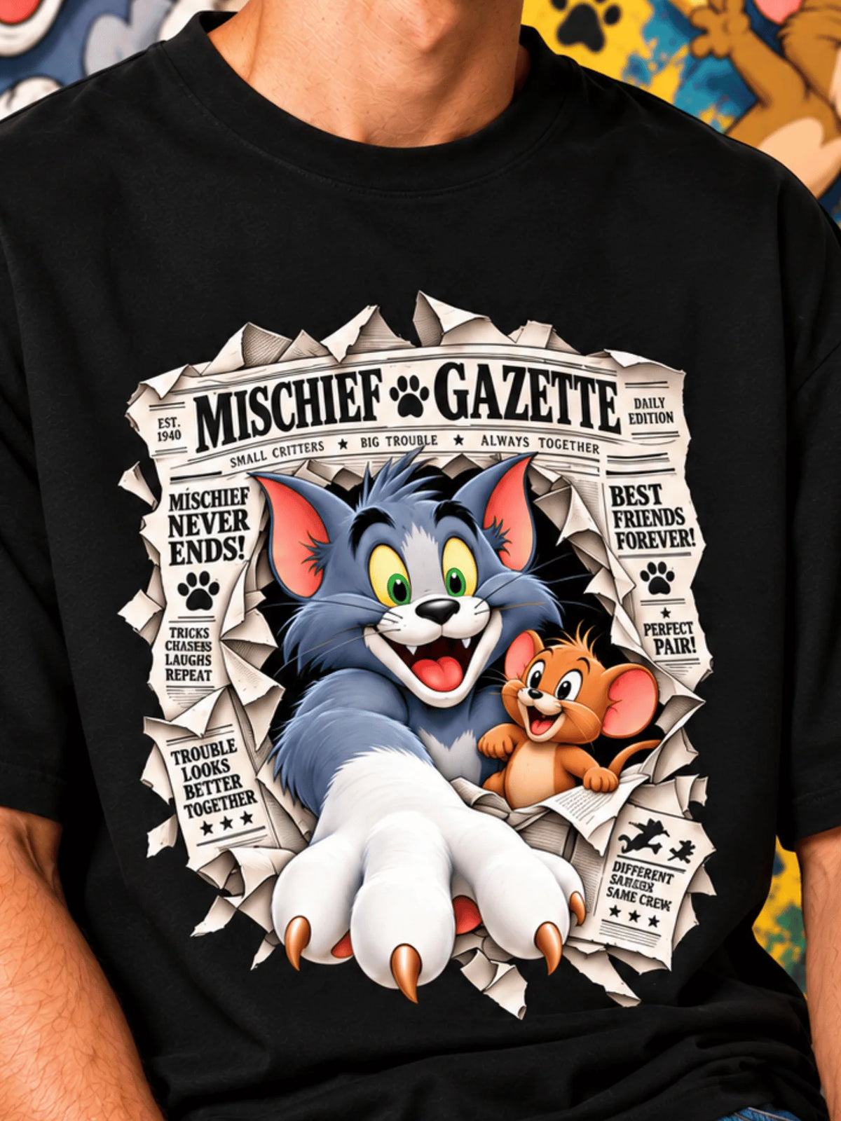 Excello Men's Mischief Gazette Graphic Oversized T-Shirt - Premium Cotton | Black