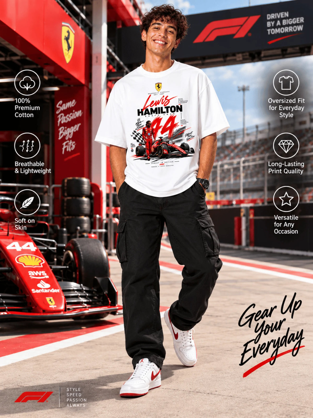 Excello Men's Lewis Hamilton 44 Scuderia Ferrari Graphic Oversized T-Shirt | White