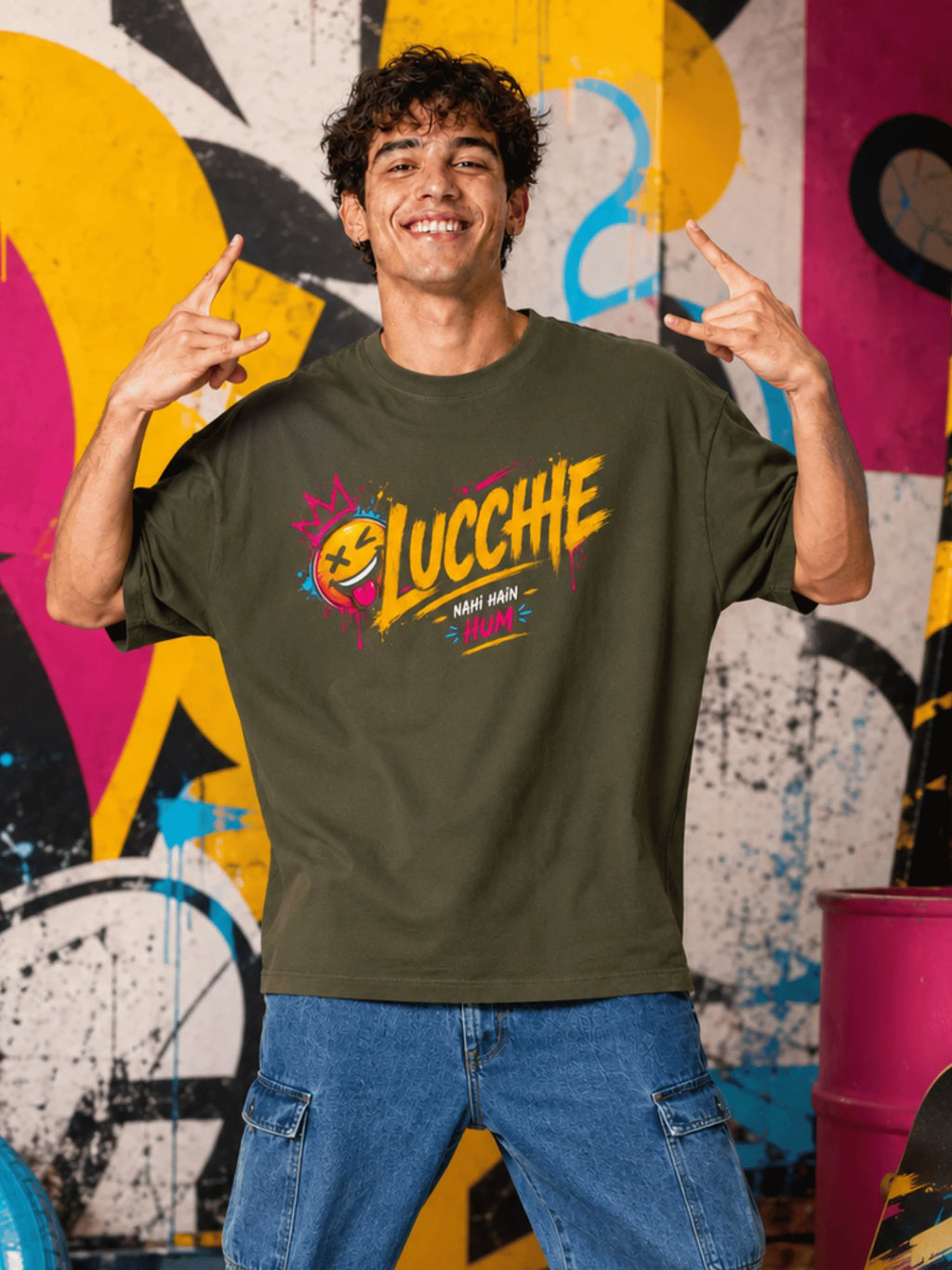 Excello Men's 'Lucchhe Nahi Hain Hum' Graphic Oversized T-Shirt | Olive