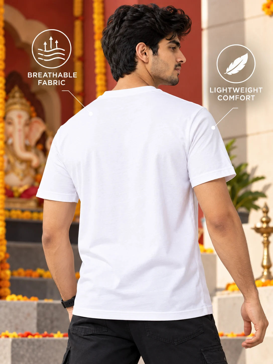 Men's Premium Pure Cotton Ganesha Graphic T-Shirt | 180 GSM Bio-Washed Regular Fit-White
