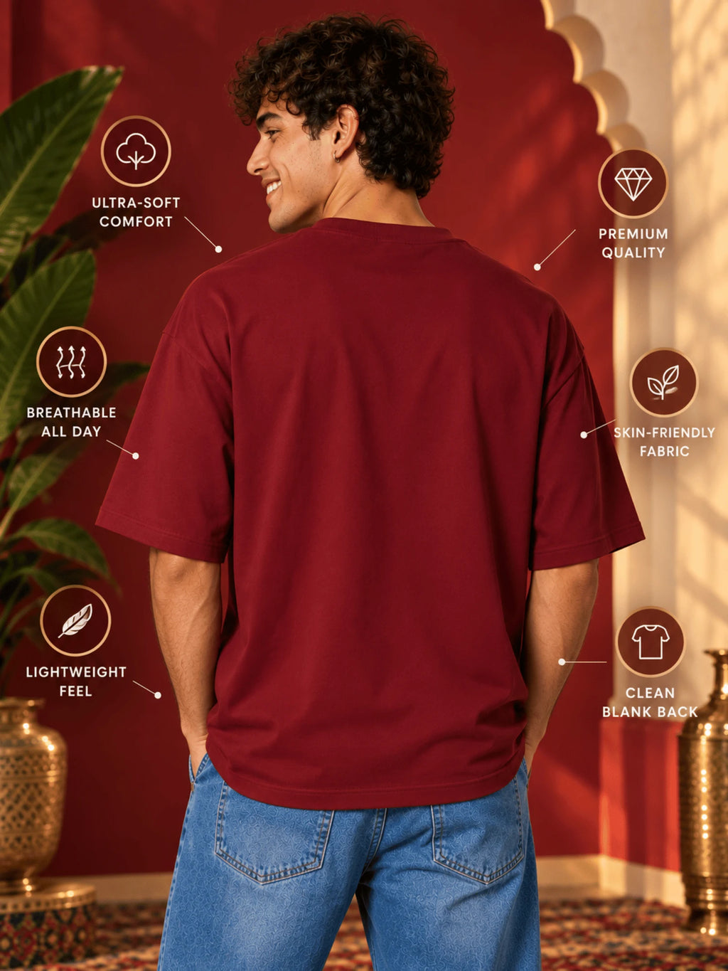 Excello Men's Divine Radha Krishna Love Graphic Oversized T-Shirt - 240 GSM | Maroon