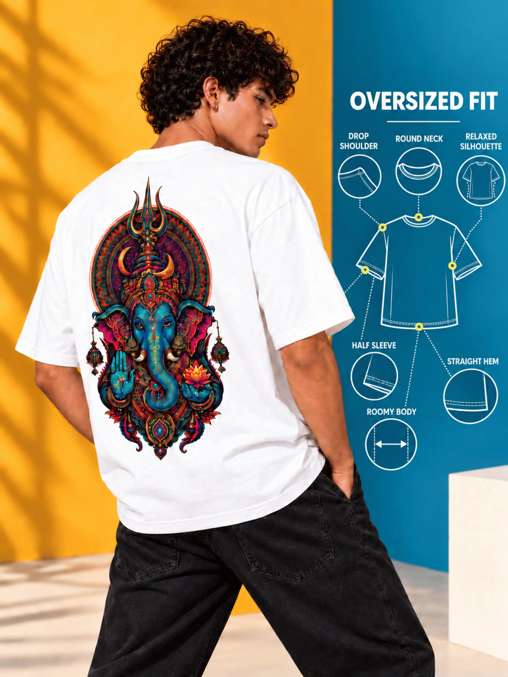 Excello Men's Divine Ganesha Trishul Graphic Oversized T-Shirt - 240 GSM Pure Cotton, Bio-Washed-White