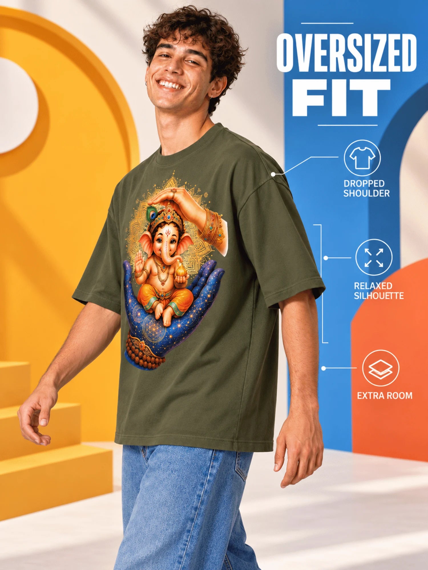 Excello Men's Divine Ganesha Blessing Graphic Oversized T-Shirt - 240 GSM Pure Cotton, Bio-Washed-Olive