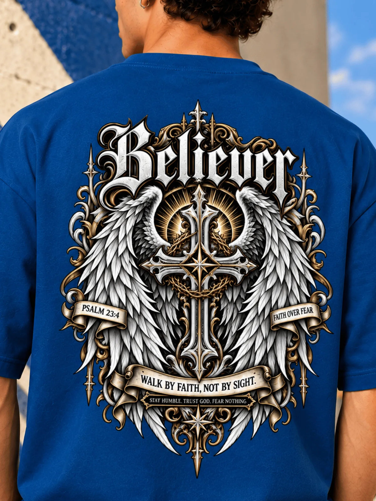 Excello Men's 'Believer' Cross & Wings Graphic Oversized T-Shirt | Air Force Blue