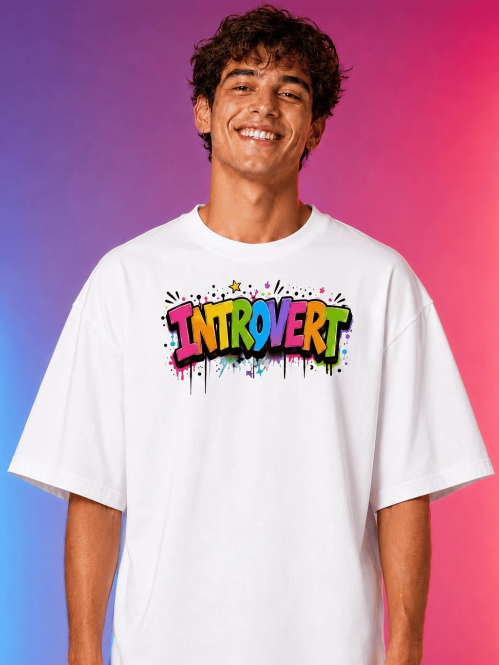 Excello Men's 'Social Introvert' Graphic Oversized T-Shirt | White