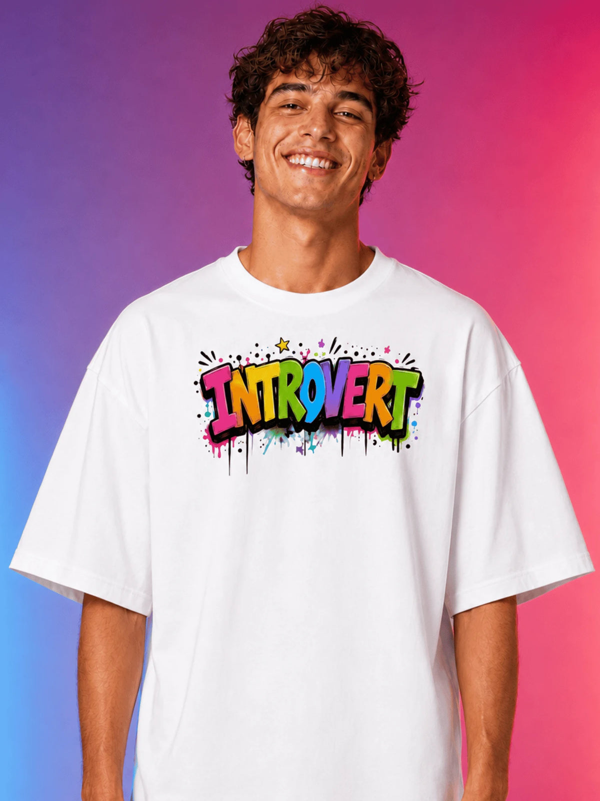 Excello Men's 'Social Introvert' Graphic Oversized T-Shirt | White
