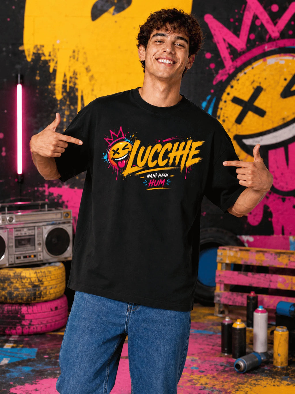 Excello Men's 'Lucchhe Nahi Hain Hum' Graphic Oversized T-Shirt | Black