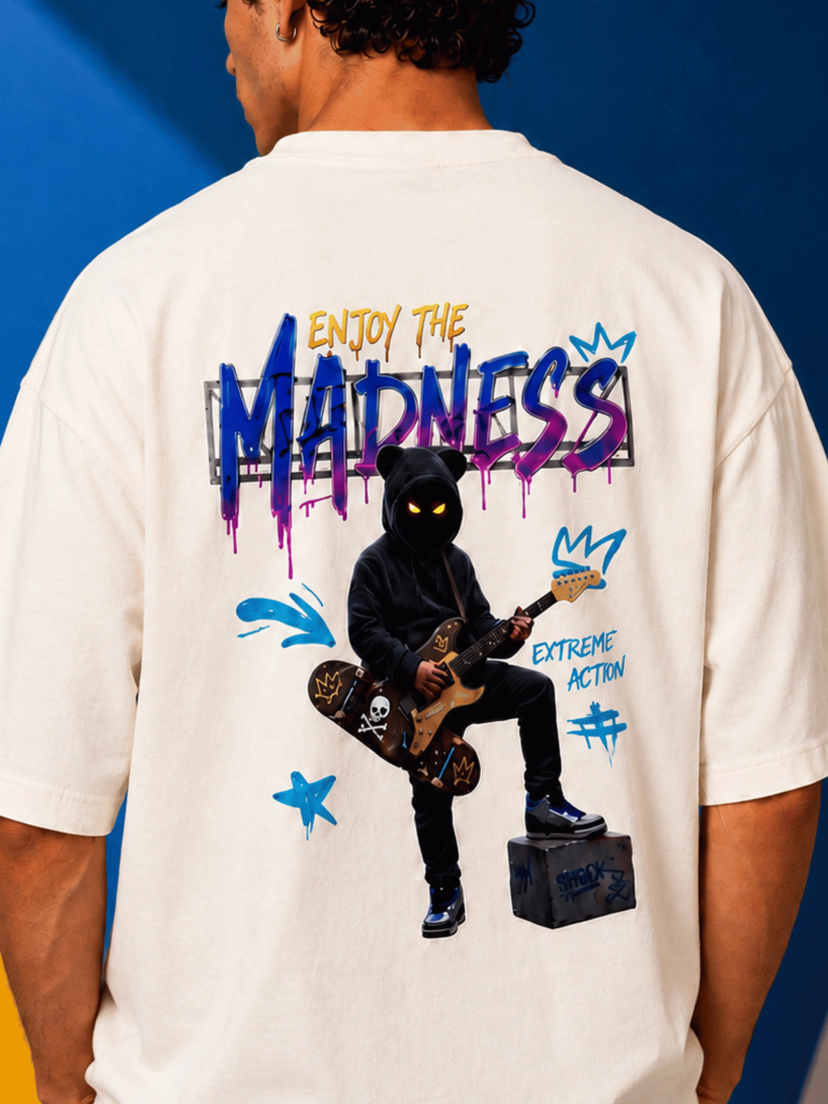 Excello Men's 'Enjoy The Madness' Graffiti Graphic Oversized T-Shirt | Off White