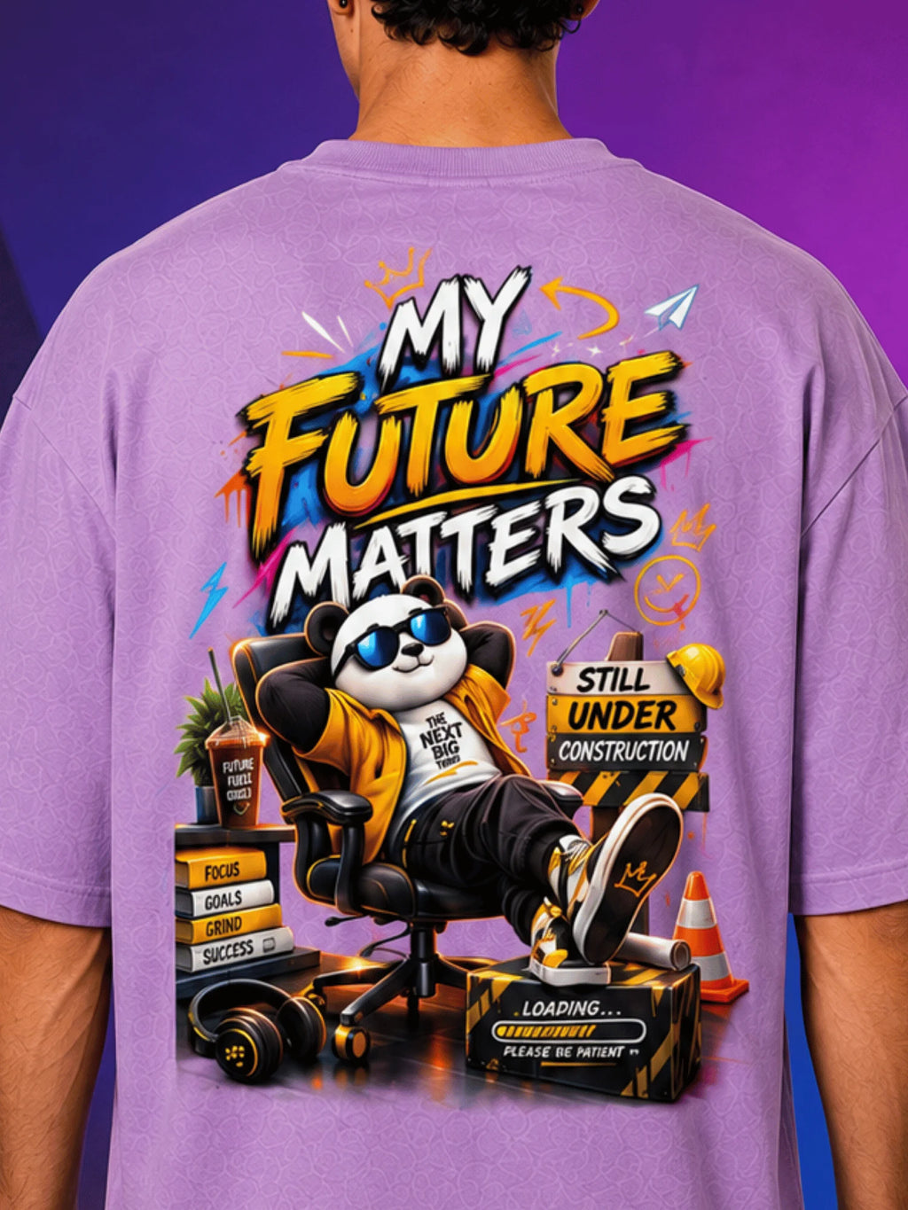Excello Men's 'My Future Matters' Panda Graphic Oversized T-Shirt | Lavender