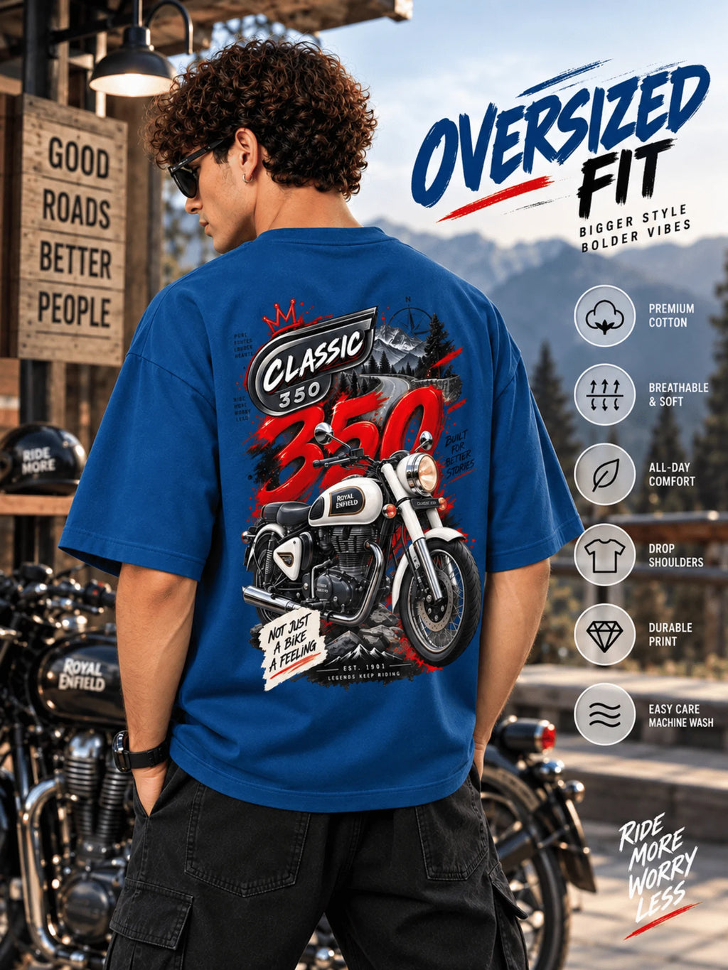 Excello Men's Royal Enfield Classic 350 Graphic Oversized T-Shirt | Air Force Blue
