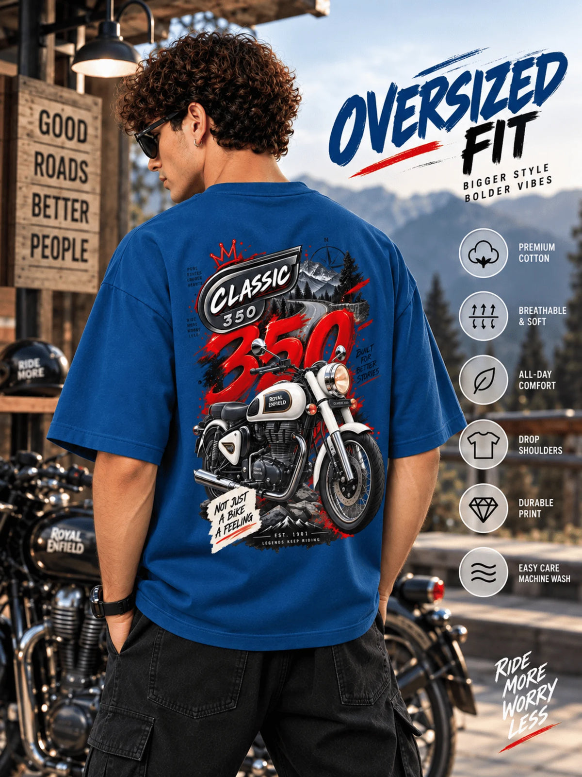 Excello Men's Royal Enfield Classic 350 Graphic Oversized T-Shirt | Air Force Blue