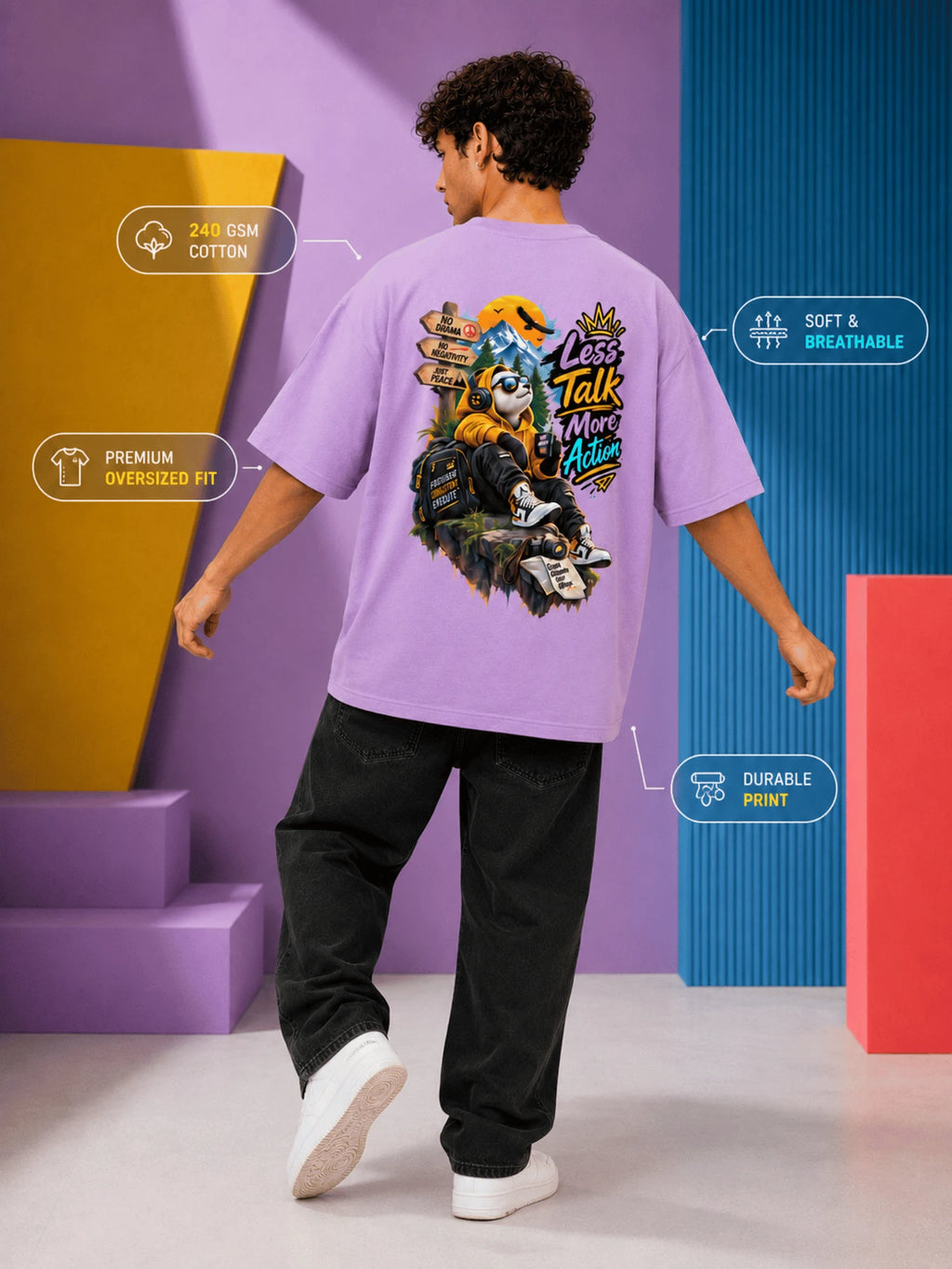 Excello Men's 'Less Talk More Action' Panda Graphic Oversized T-Shirt | Lavender