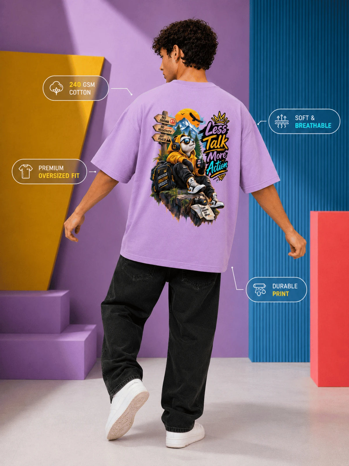 Excello Men's 'Less Talk More Action' Panda Graphic Oversized T-Shirt | Lavender