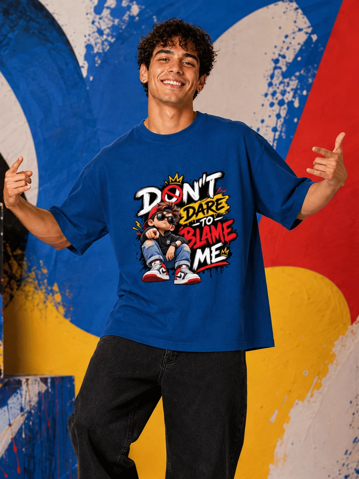 Excello Men's 'Don't Dare to Blame Me' Graphic Oversized T-Shirt | Air Force Blue