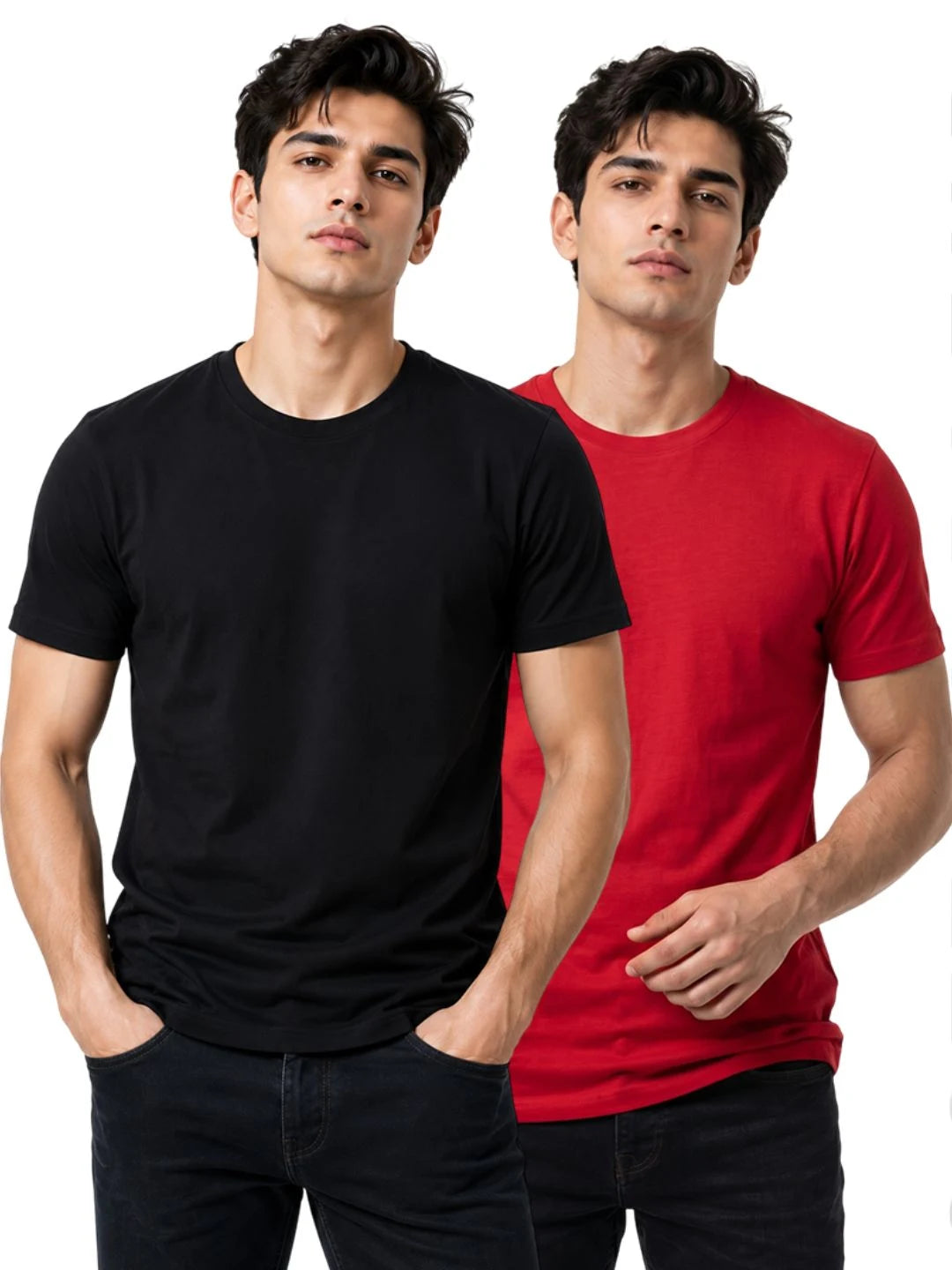 Excello Men's Cotton Blend Bio-Wash Plain  Regular Fit Round Neck T-Shirt  | Black & Red