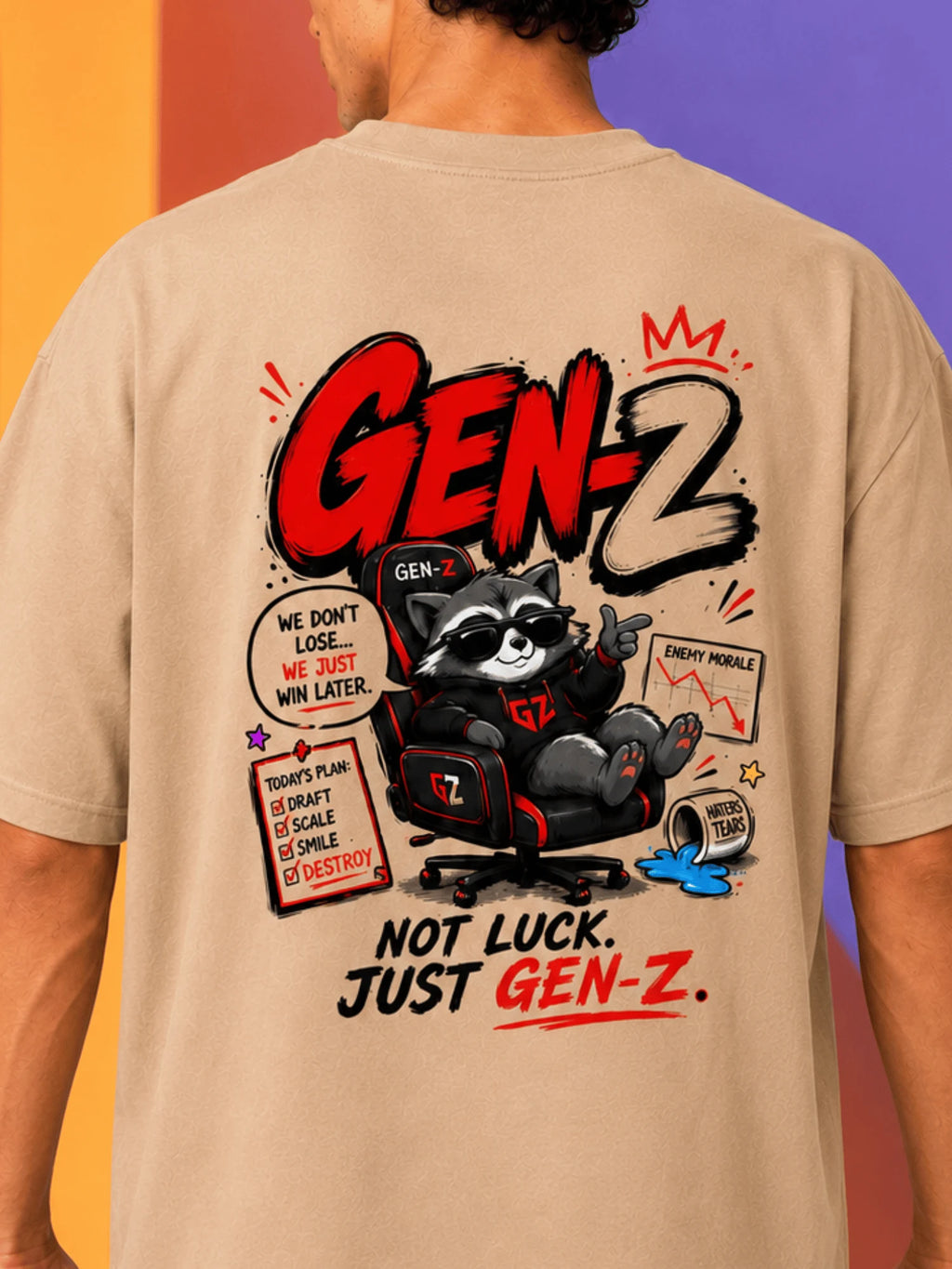 Excello Men's 'Gen-Z Raccoon' Gamer Graphic Oversized T-Shirt | Beige