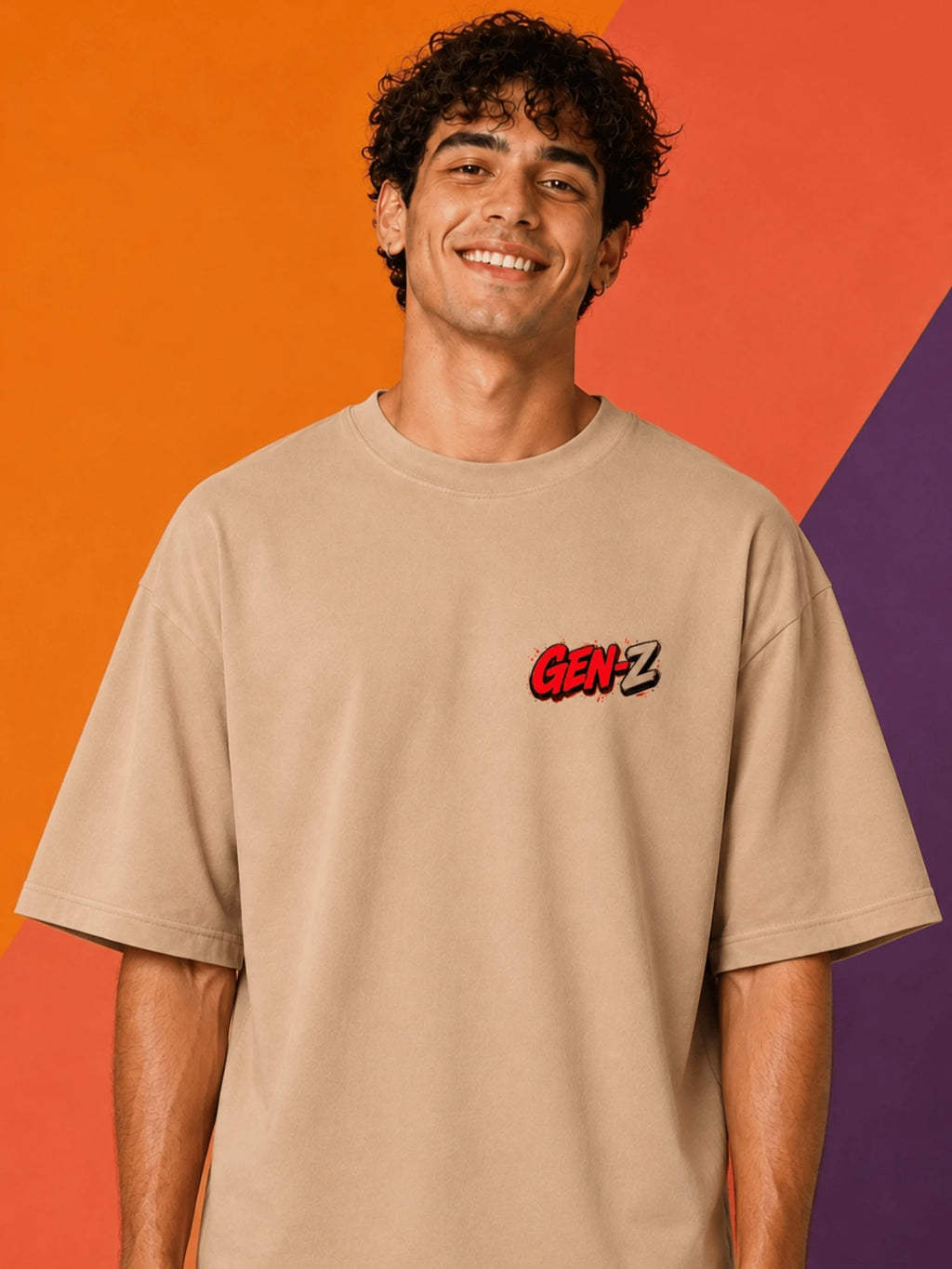 Excello Men's 'Gen-Z Raccoon' Gamer Graphic Oversized T-Shirt | Beige