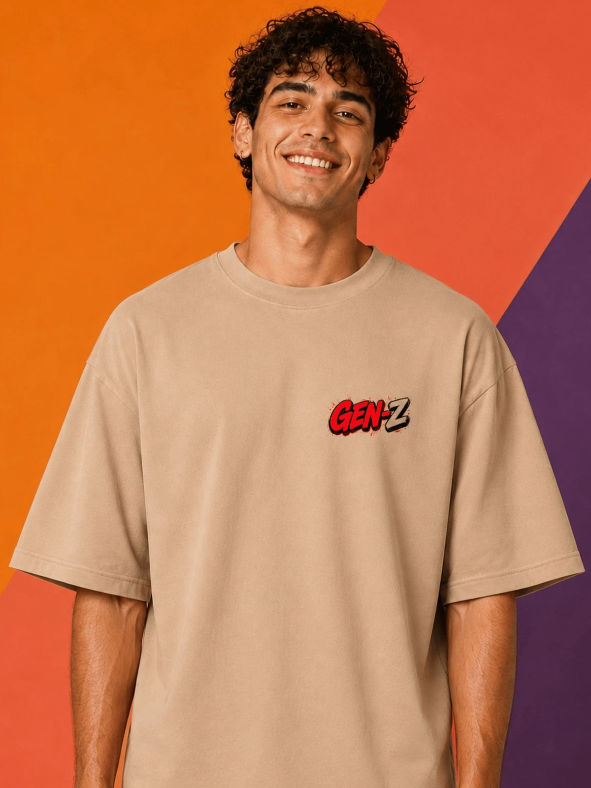 Excello Men's 'Gen-Z Raccoon' Gamer Graphic Oversized T-Shirt | Beige