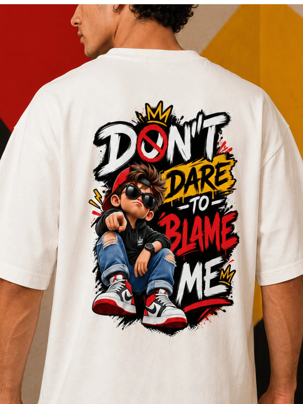 Excello Men's 'Don't Dare To Blame Me' Graphic Oversized T-Shirt | Off White