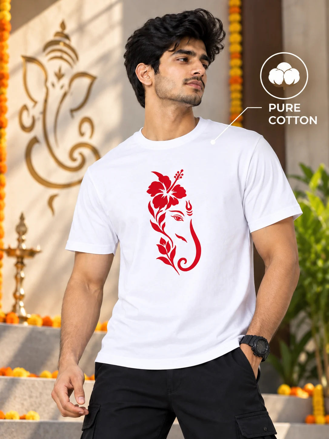 Men's Premium Pure Cotton Ganesha Graphic T-Shirt | 180 GSM Bio-Washed Regular Fit-White
