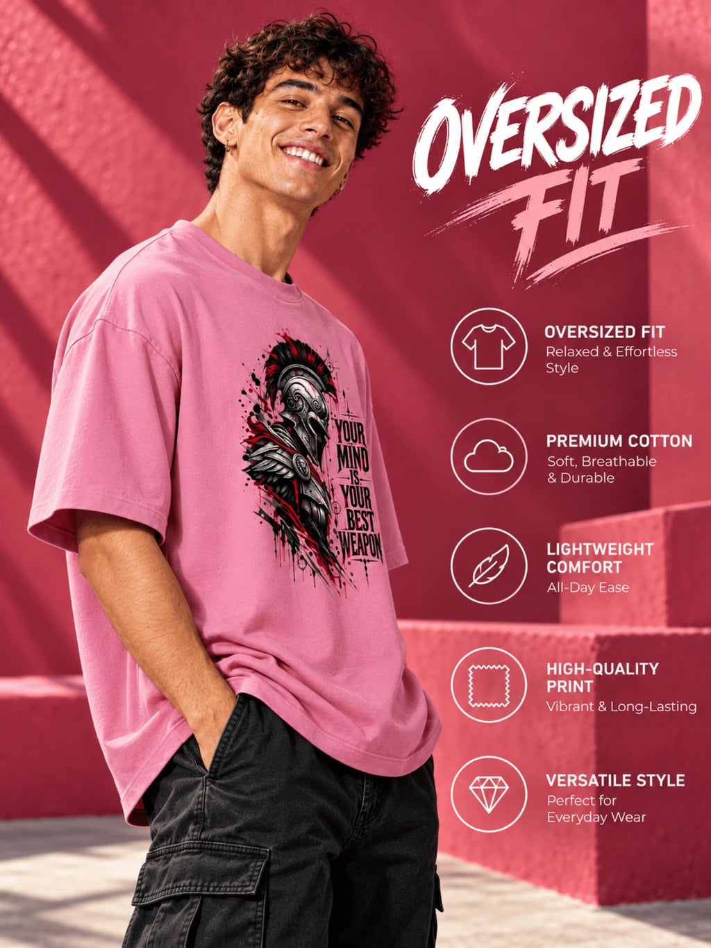 Excello Men's Spartan 'Your Mind Is Your Best Weapon' Graphic Oversized T-Shirt |  Rose Pink