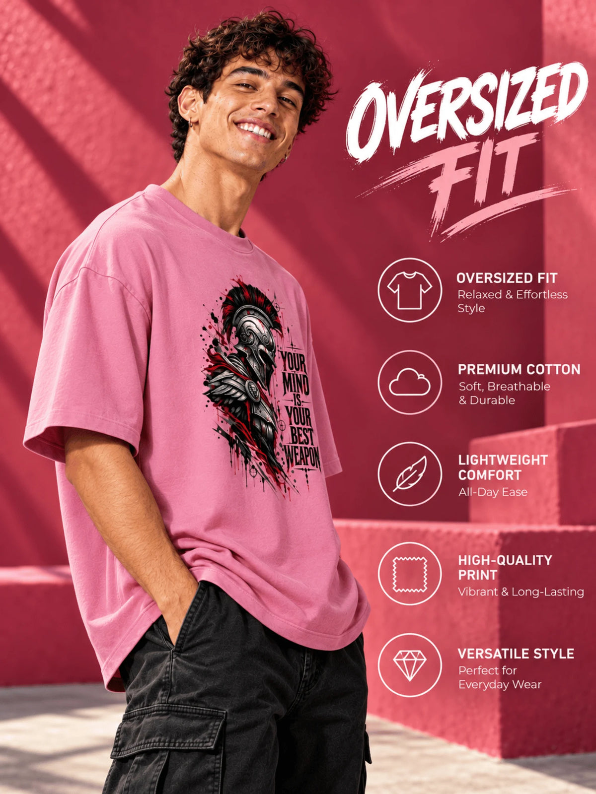 Excello Men's Spartan 'Your Mind Is Your Best Weapon' Graphic Oversized T-Shirt |  Rose Pink