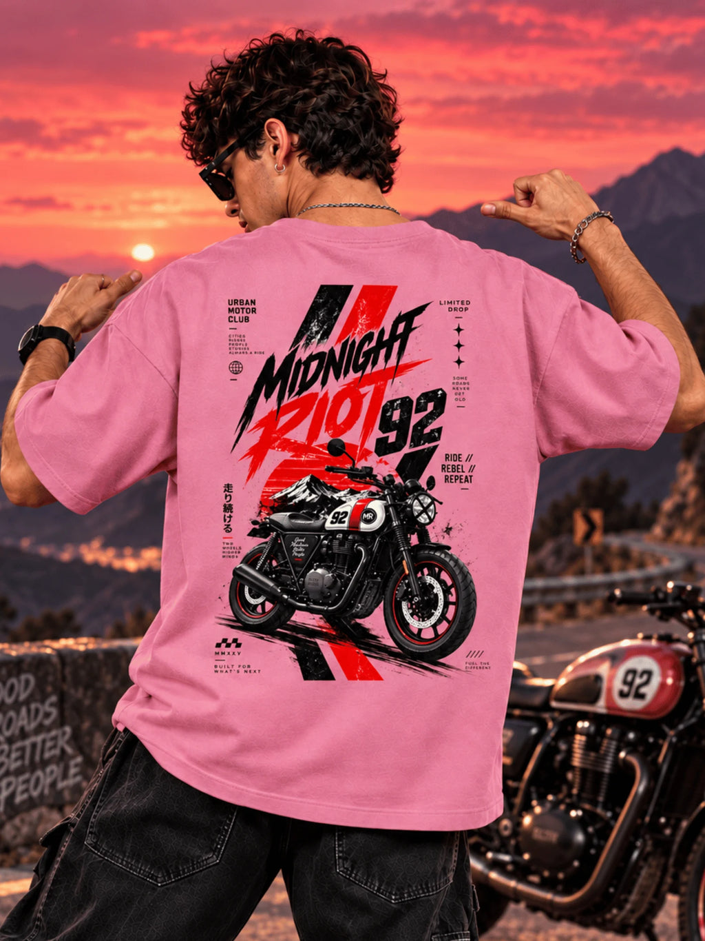 Excello Men's 'Midnight Riot 92' Motorcycle Graphic Oversized T-Shirt | Rose Pink